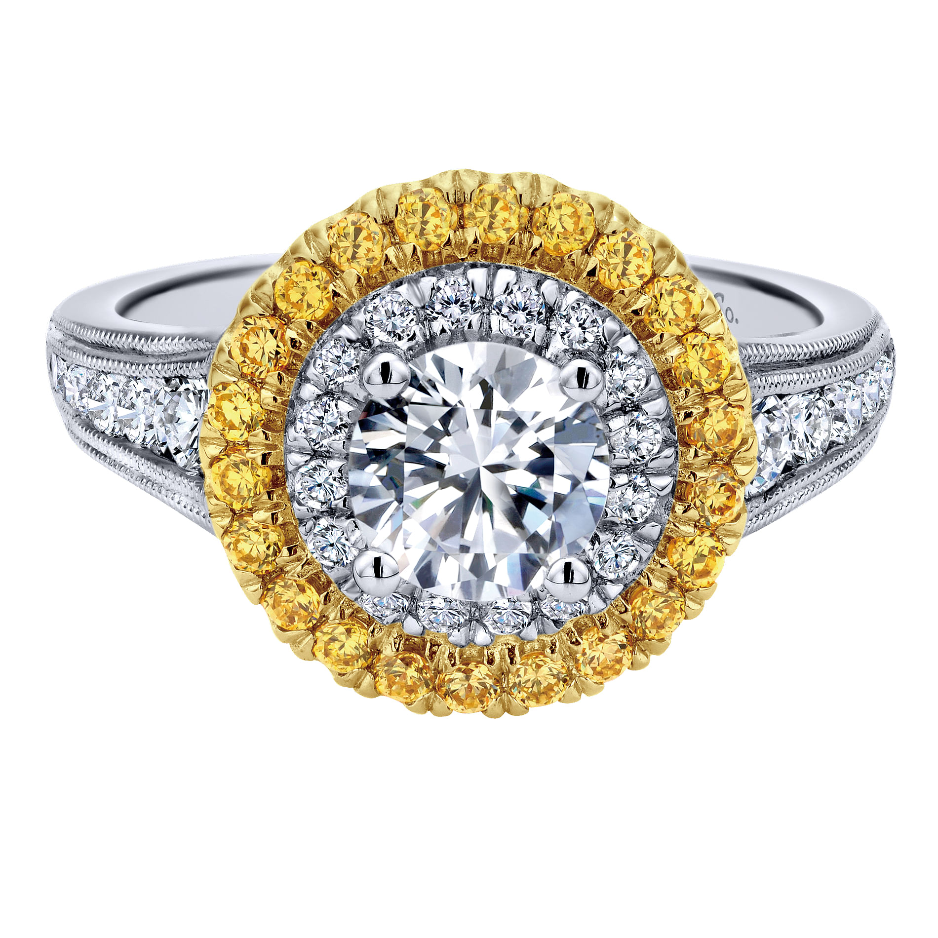 14k Yellow And White Gold Round Double Halo Engagement Ring angle 1 14k Yellow And White Gold Round Double Halo Engagement Ring angle 1