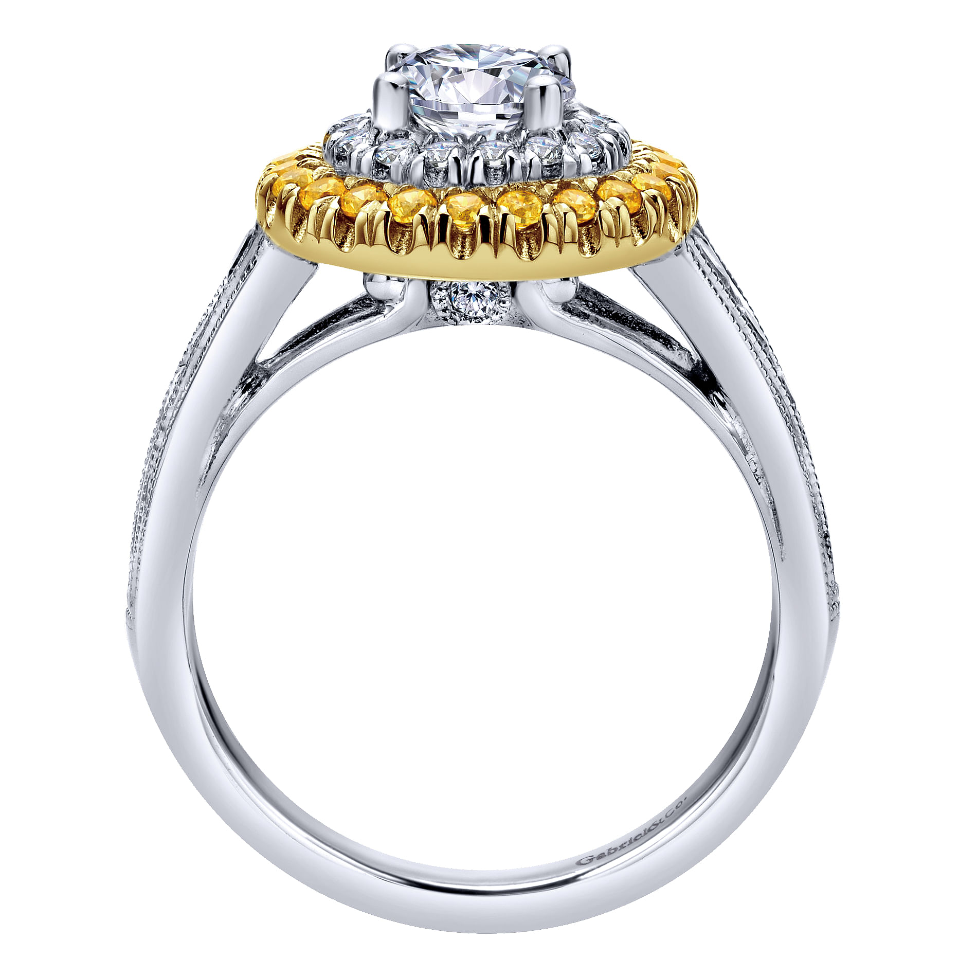 14k Yellow And White Gold Round Double Halo Engagement Ring angle 2 14k Yellow And White Gold Round Double Halo Engagement Ring angle 2