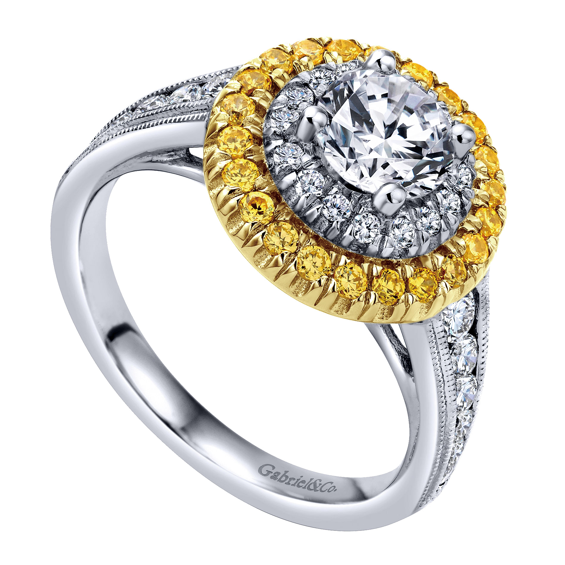 14k Yellow And White Gold Round Double Halo Engagement Ring angle 3 14k Yellow And White Gold Round Double Halo Engagement Ring angle 3