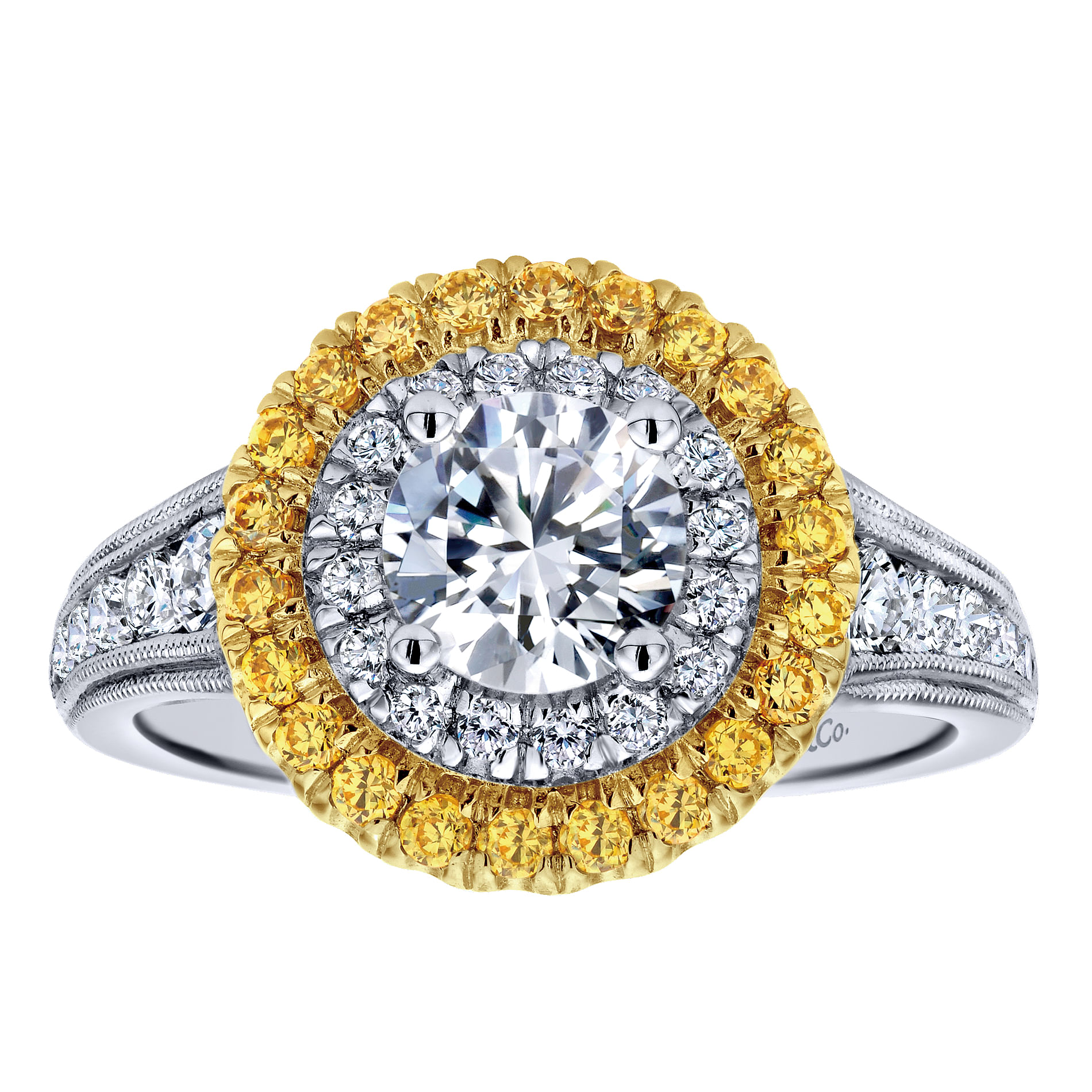 14k Yellow And White Gold Round Double Halo Engagement Ring angle 5 14k Yellow And White Gold Round Double Halo Engagement Ring angle 5