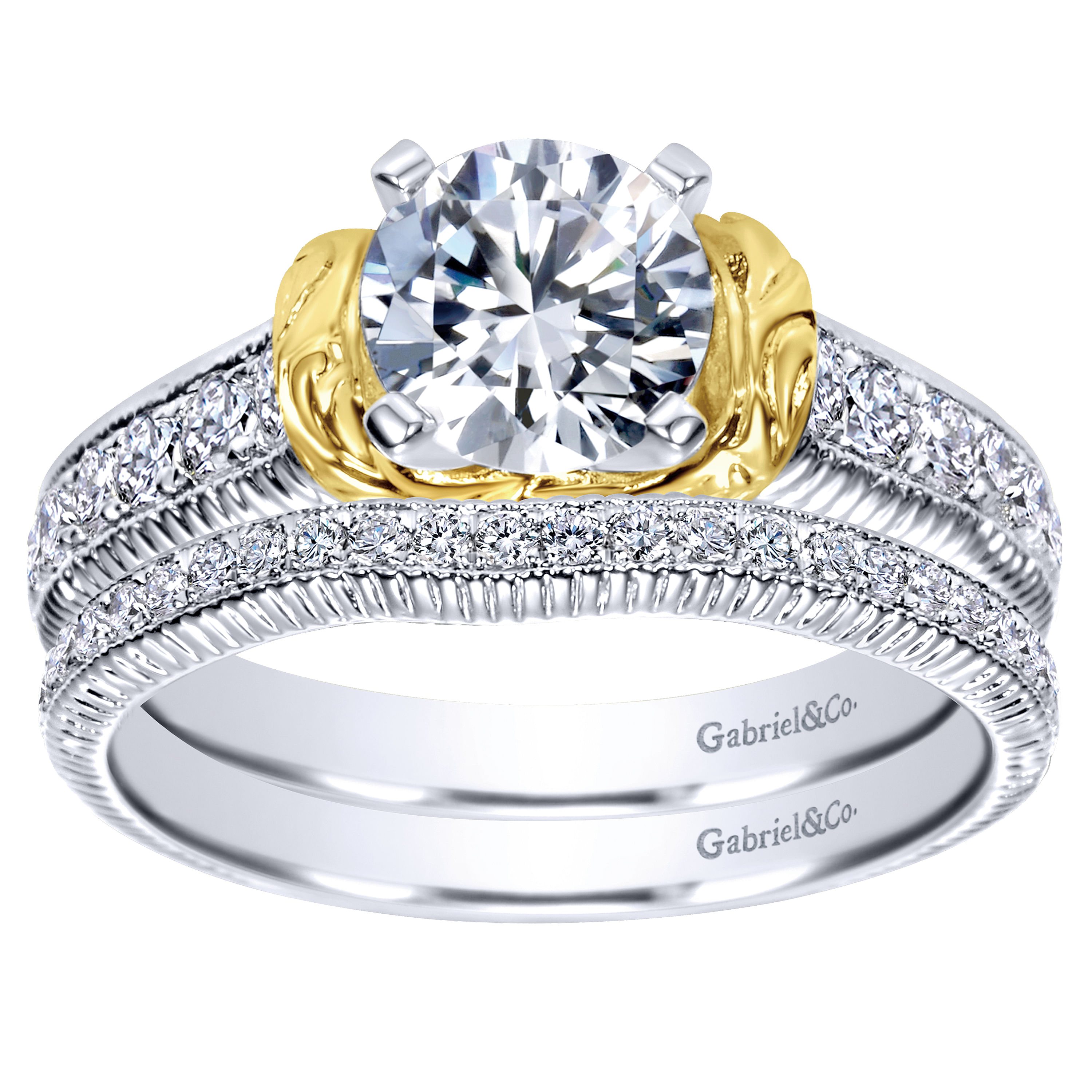 14k Yellow And White Gold Round Straight Engagement Ring angle 4 14k Yellow And White Gold Round Straight Engagement Ring angle 4