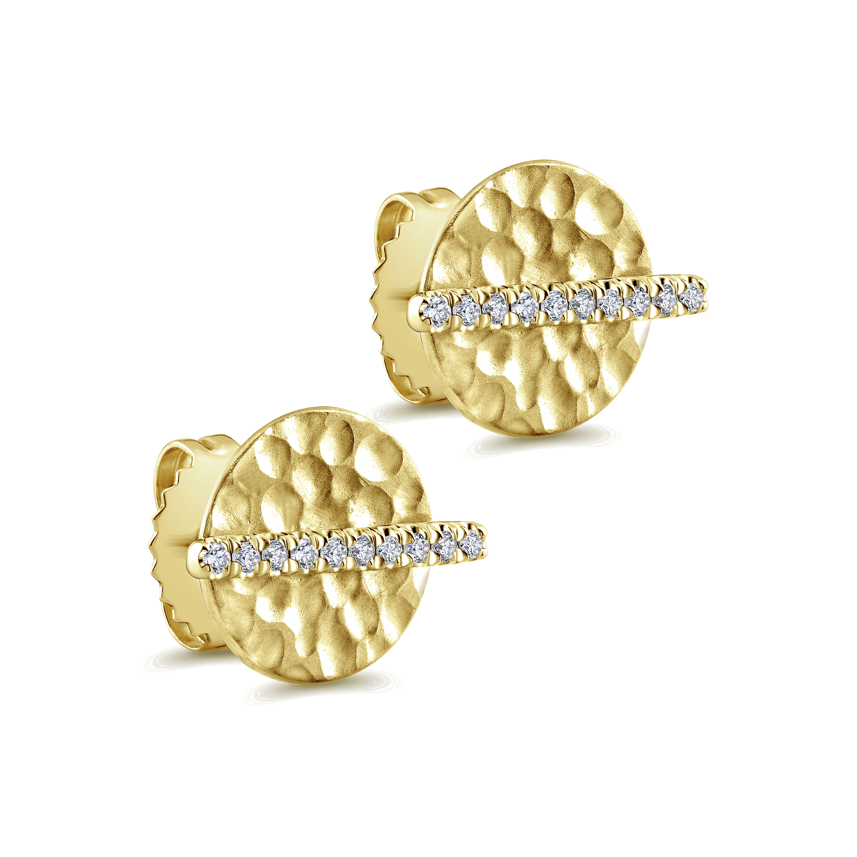 14k Yellow Gold Diamond Pavé and Hammered Stud Earrings angle 2 14k Yellow Gold Diamond Pavé and Hammered Stud Earrings angle 2