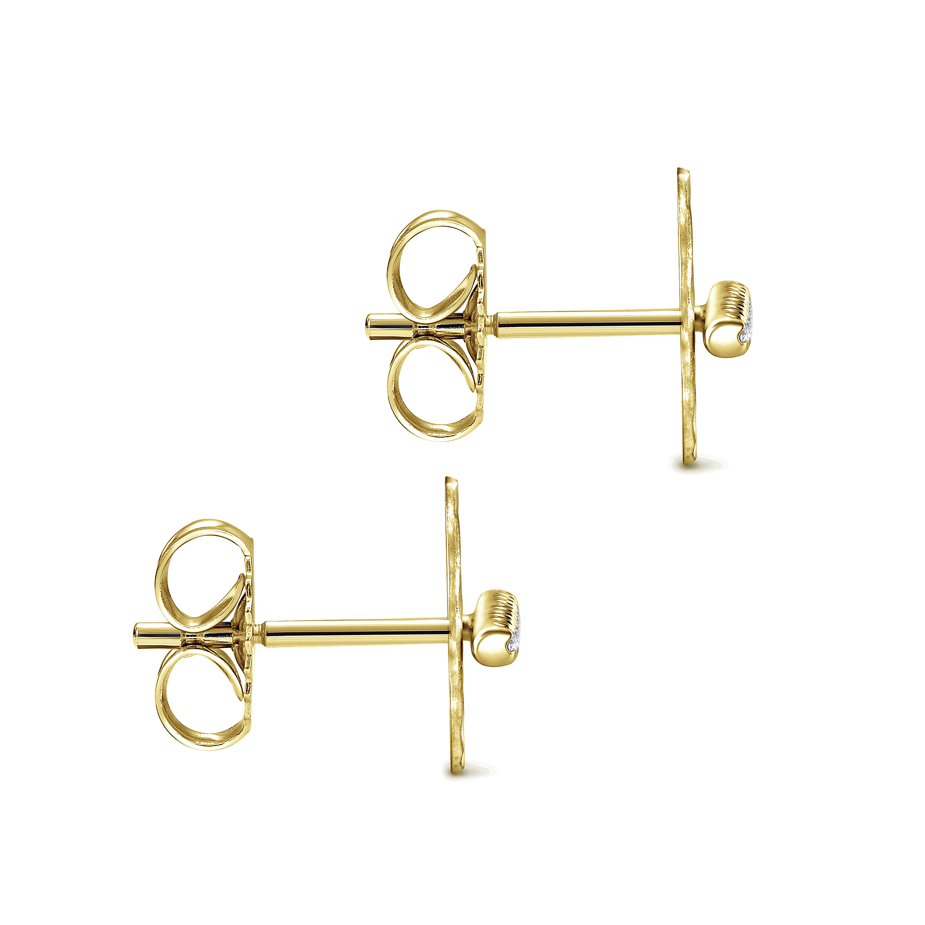 14k Yellow Gold Diamond Pavé and Hammered Stud Earrings angle 3 14k Yellow Gold Diamond Pavé and Hammered Stud Earrings angle 3