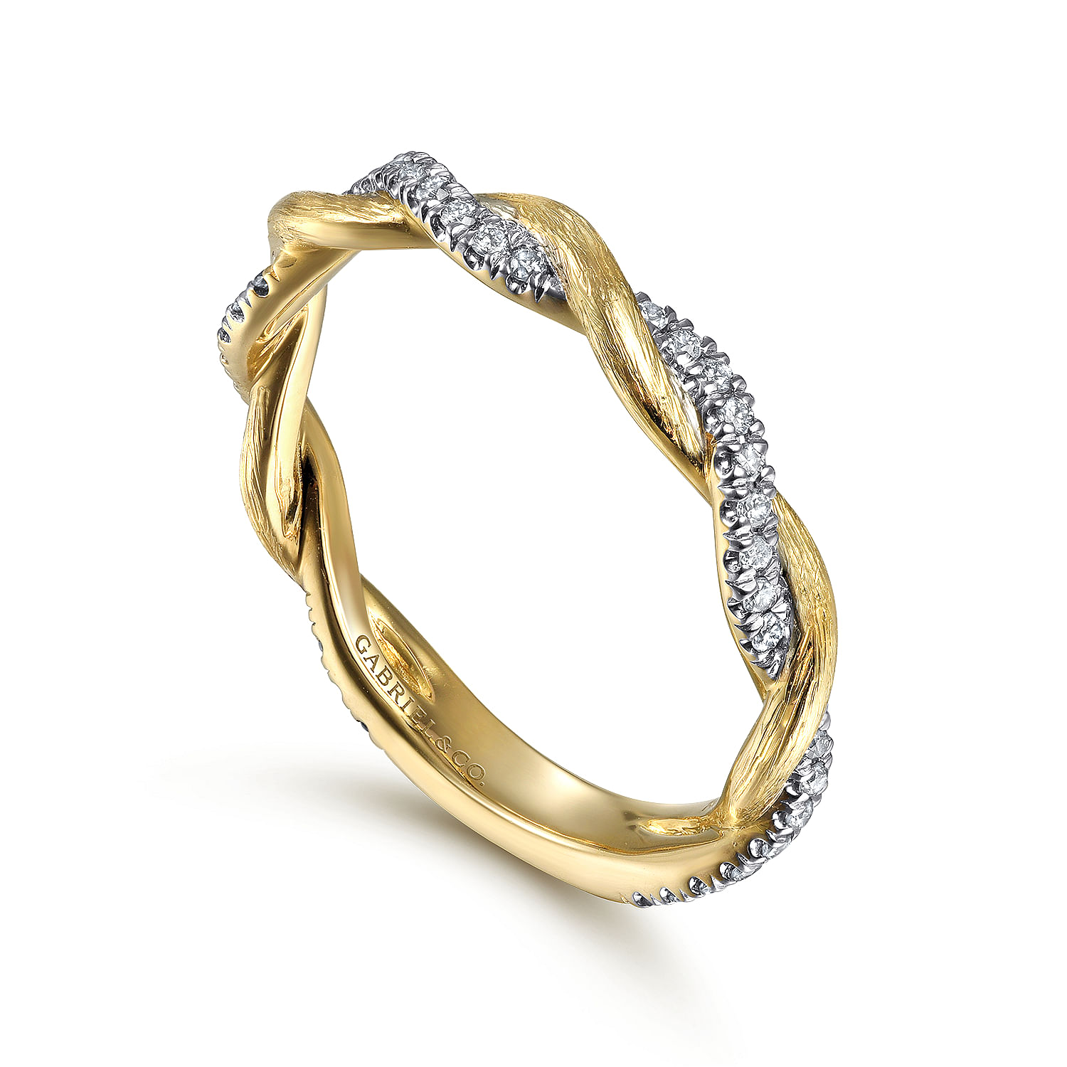 14k Yellow Gold Twisted Pave Diamond Stackable Ladies Ring angle 3 14k Yellow Gold Twisted Pave Diamond Stackable Ladies Ring angle 3