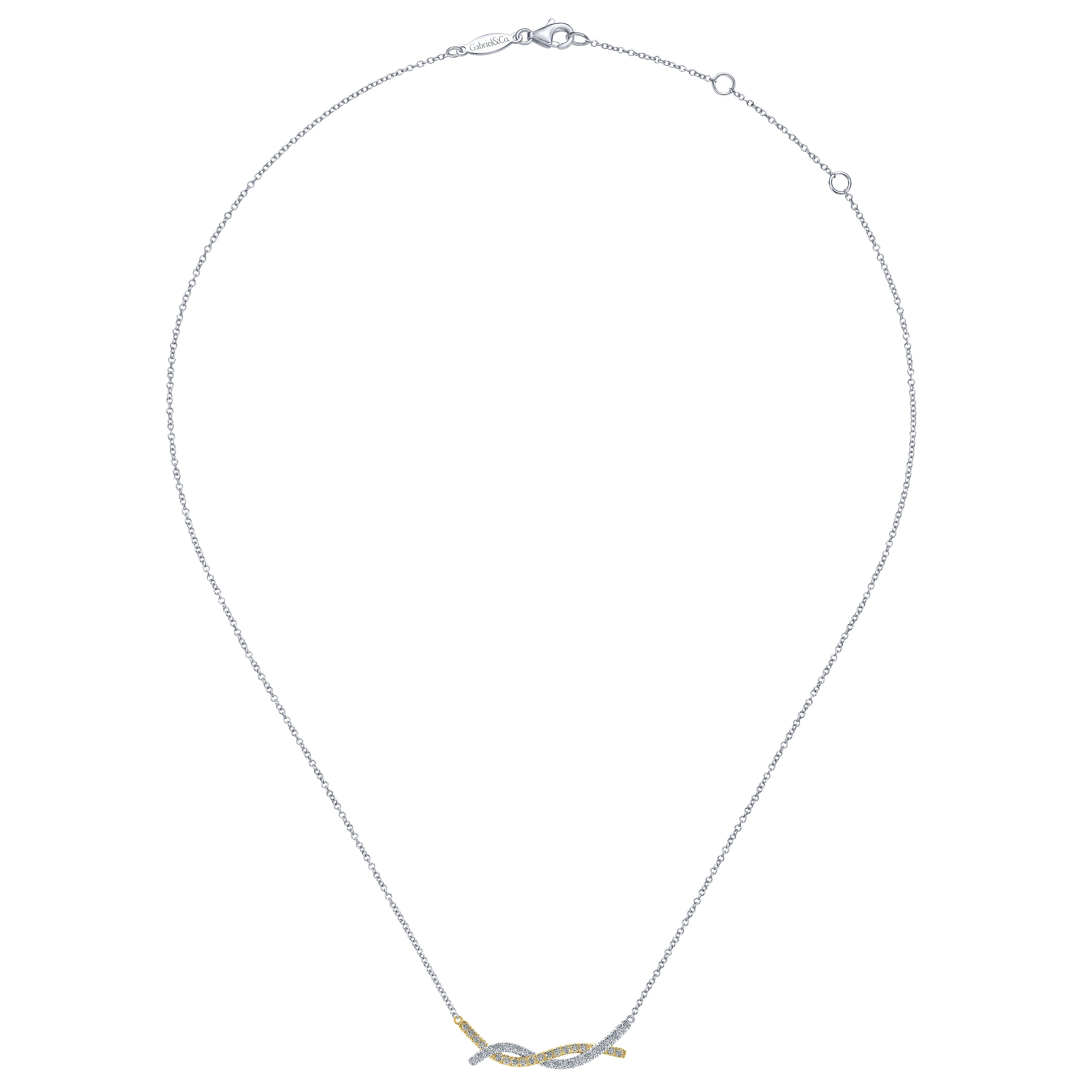 14k Yellow and White Gold Twisted Pave Diamond Bar Necklace angle 2 14k Yellow and White Gold Twisted Pave Diamond Bar Necklace angle 2