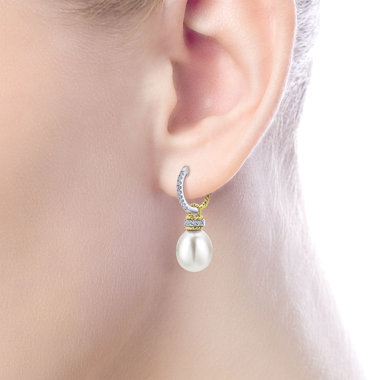 14k Yellow/white Gold Diamond Pearl Drop Earrings angle 2 14k Yellow/white Gold Diamond Pearl Drop Earrings angle 2