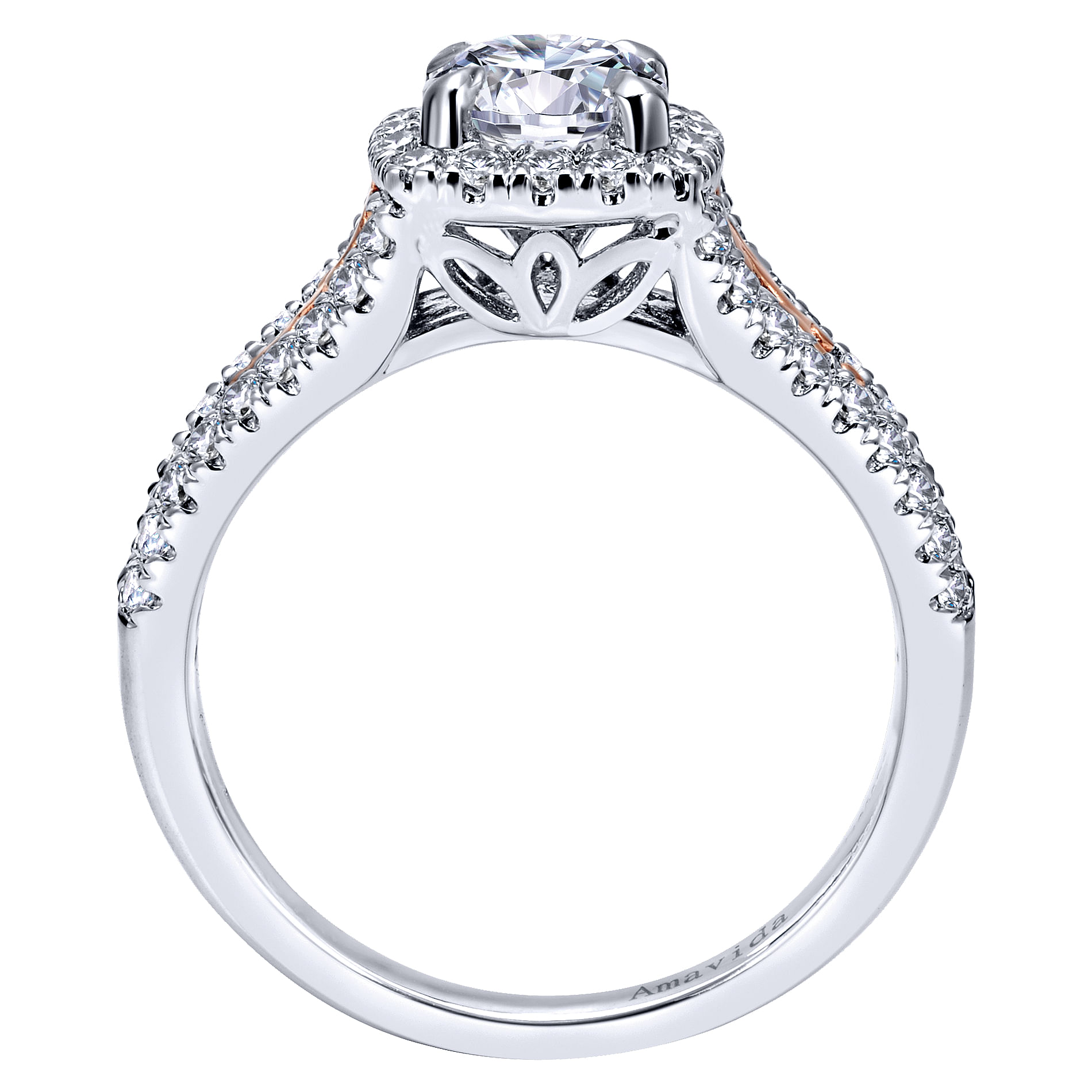 18k White And Rose Gold Round Halo Engagement Ring angle 2 18k White And Rose Gold Round Halo Engagement Ring angle 2