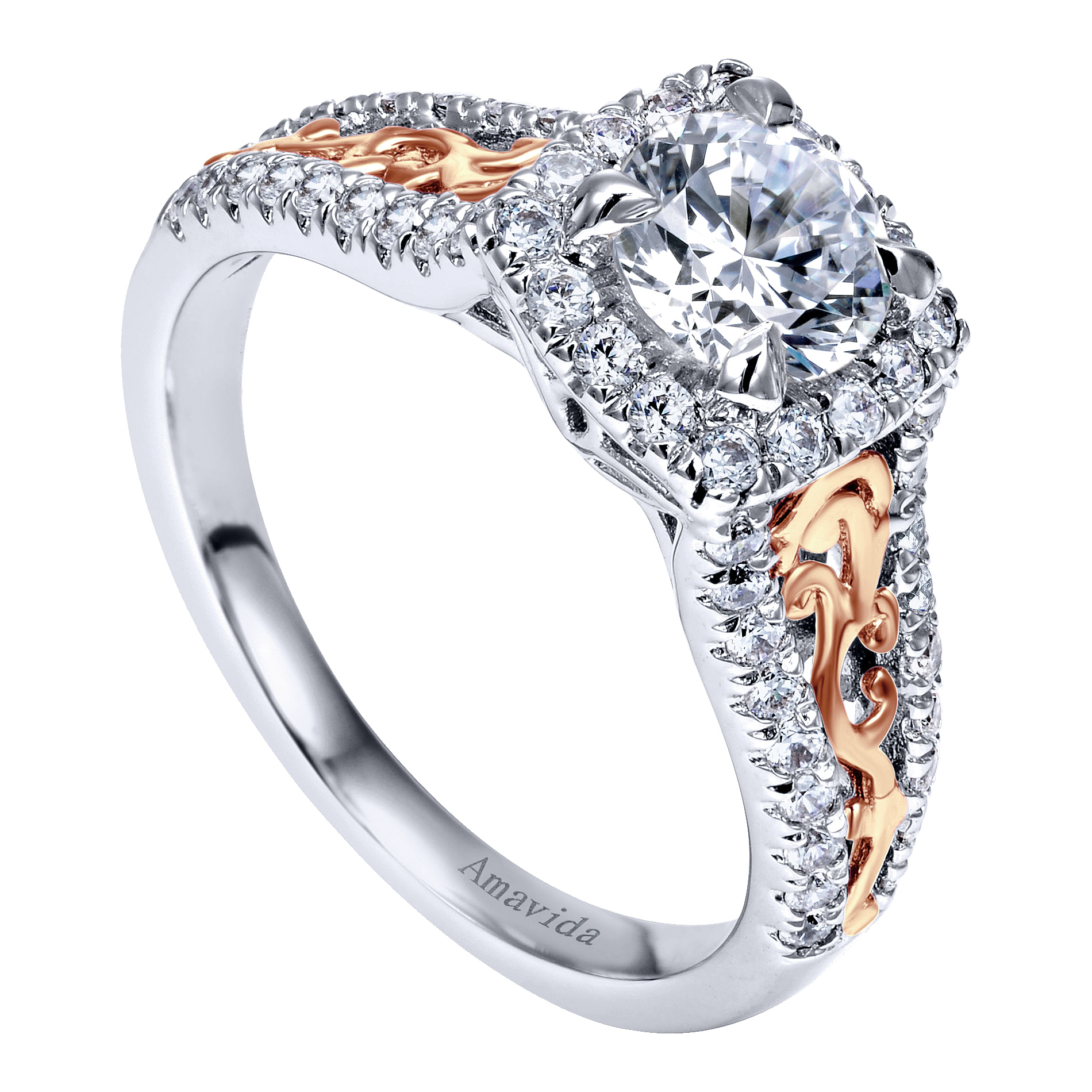 18k White And Rose Gold Round Halo Engagement Ring angle 3 18k White And Rose Gold Round Halo Engagement Ring angle 3