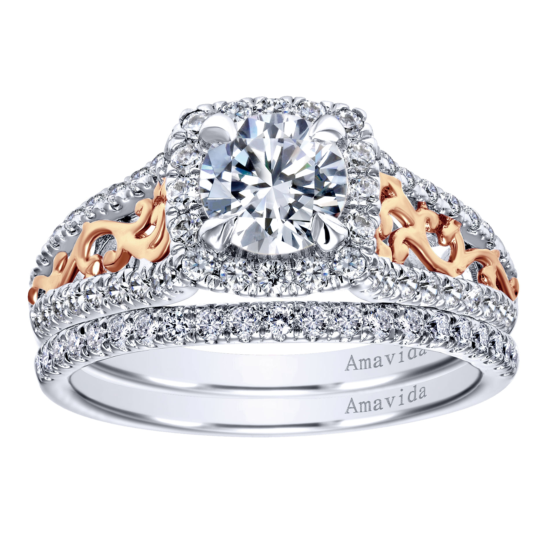 18k White And Rose Gold Round Halo Engagement Ring angle 4 18k White And Rose Gold Round Halo Engagement Ring angle 4