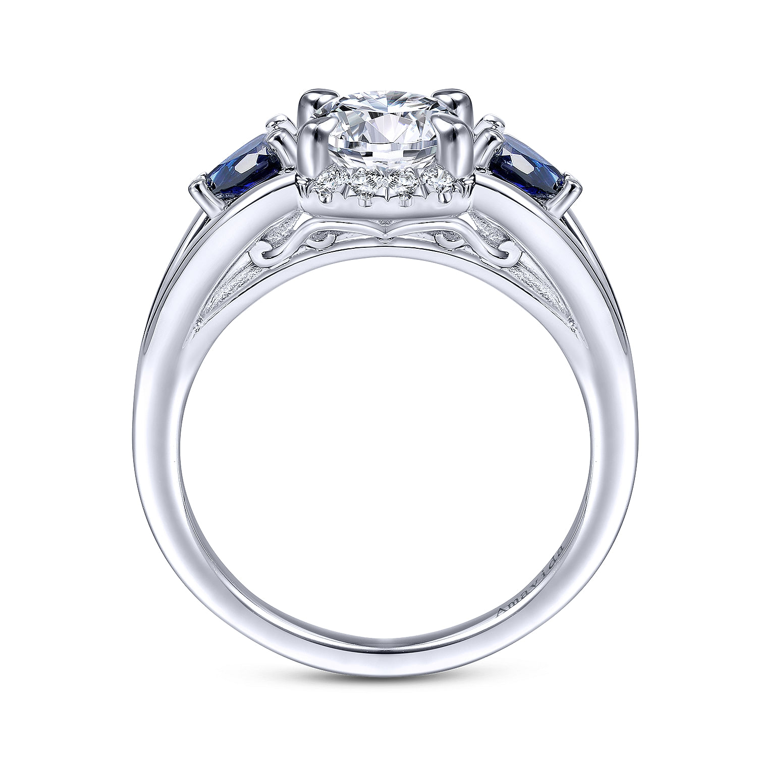 18k White Gold Diamond And Sapphire 3 Stones Engagement Ring angle 2 18k White Gold Diamond And Sapphire 3 Stones Engagement Ring angle 2