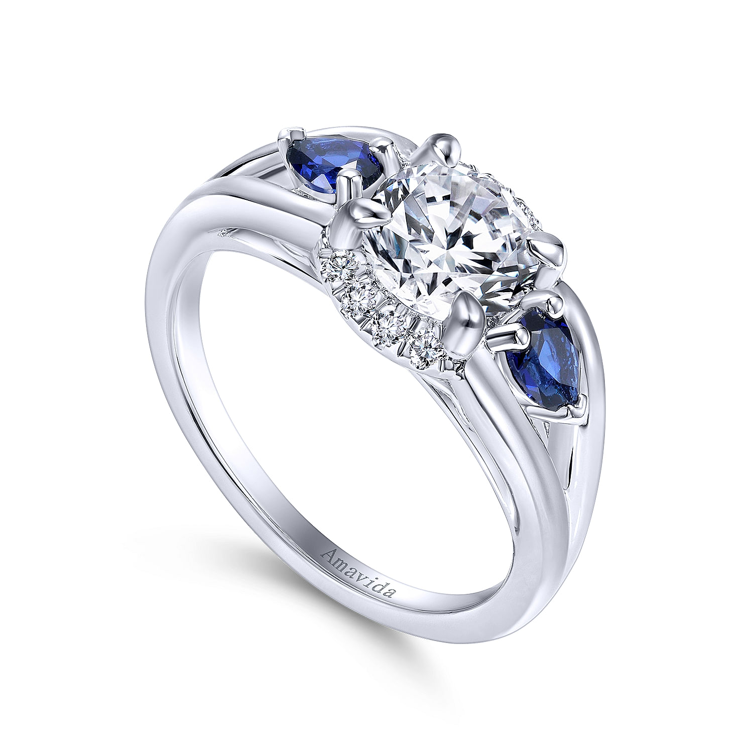 18k White Gold Diamond And Sapphire 3 Stones Engagement Ring angle 3 18k White Gold Diamond And Sapphire 3 Stones Engagement Ring angle 3