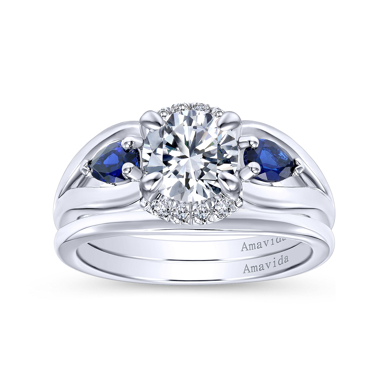 18k White Gold Diamond And Sapphire 3 Stones Engagement Ring angle 4 18k White Gold Diamond And Sapphire 3 Stones Engagement Ring angle 4