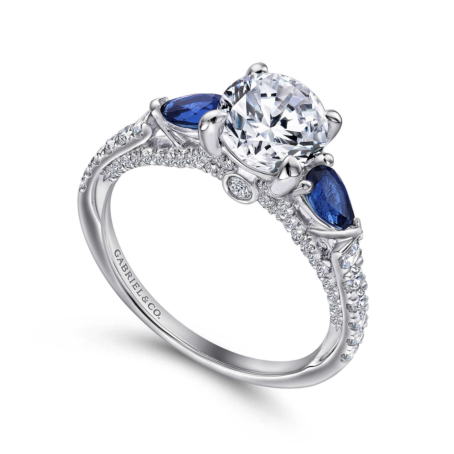 18k White Gold Diamond And Sapphire 3 Stones Engagement Ring angle 3 18k White Gold Diamond And Sapphire 3 Stones Engagement Ring angle 3