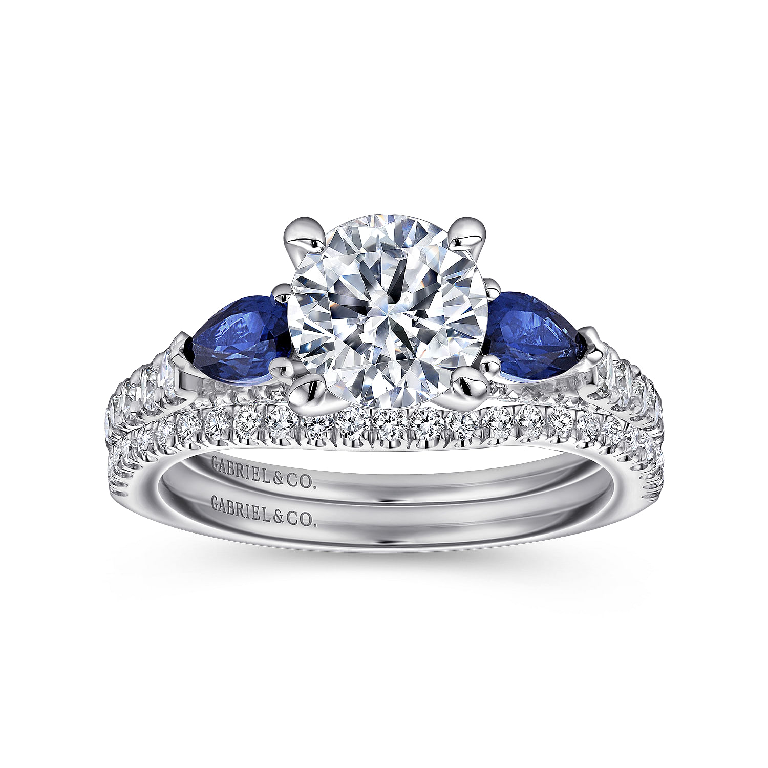18k White Gold Diamond And Sapphire 3 Stones Engagement Ring angle 4 18k White Gold Diamond And Sapphire 3 Stones Engagement Ring angle 4