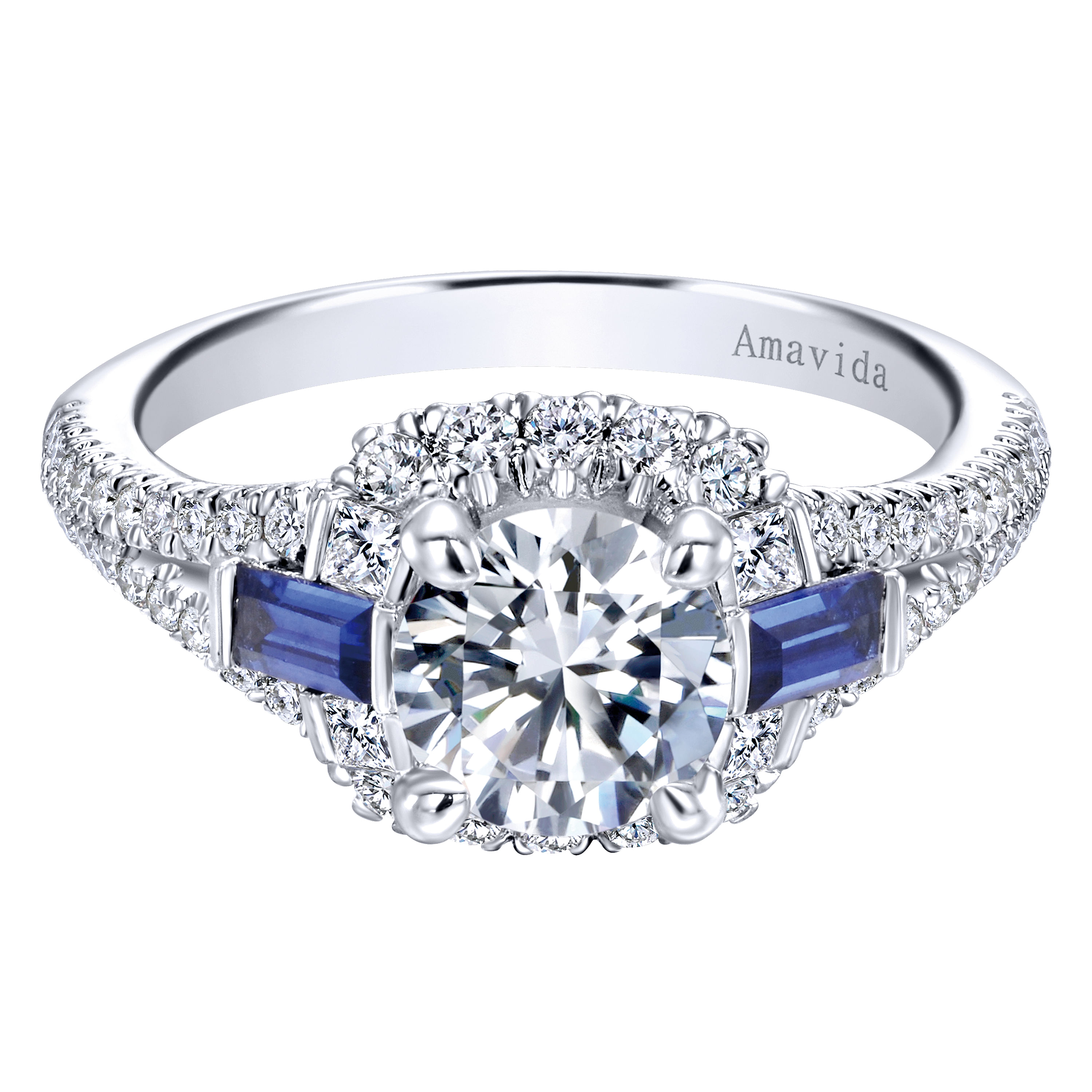 18k White Gold Diamond And Sapphire 3 Stones Halo 18k White Gold Diamond And Sapphire 3 Stones Halo
