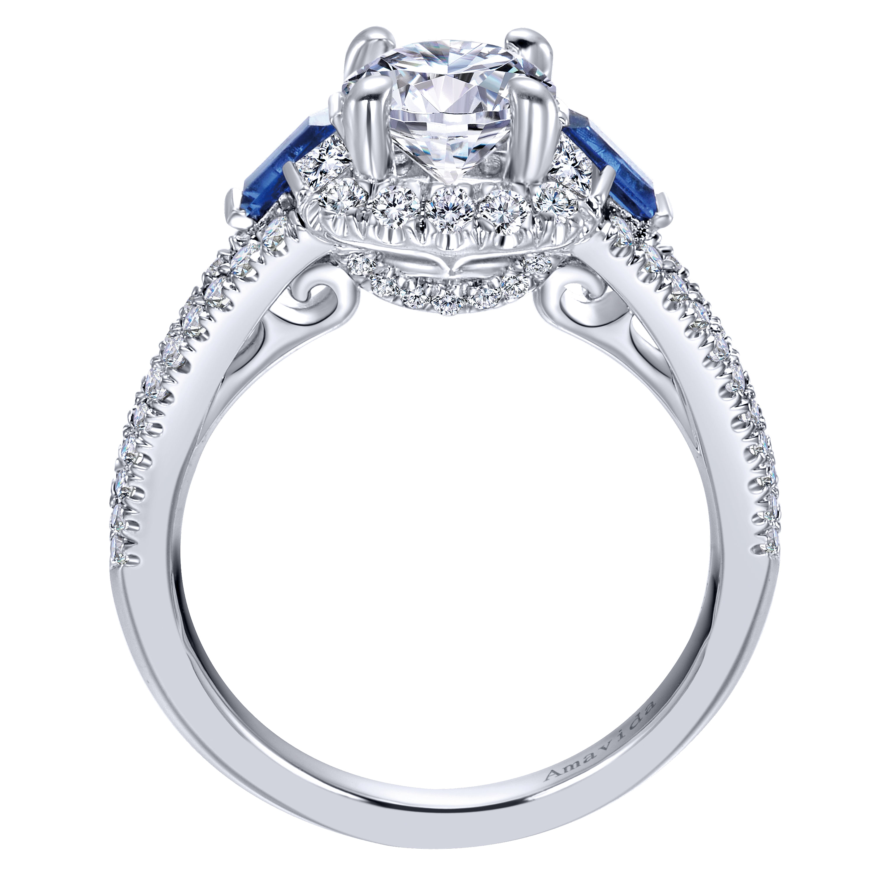 18k White Gold Diamond And Sapphire 3 Stones Halo Engagement Ring angle 2 18k White Gold Diamond And Sapphire 3 Stones Halo Engagement Ring angle 2