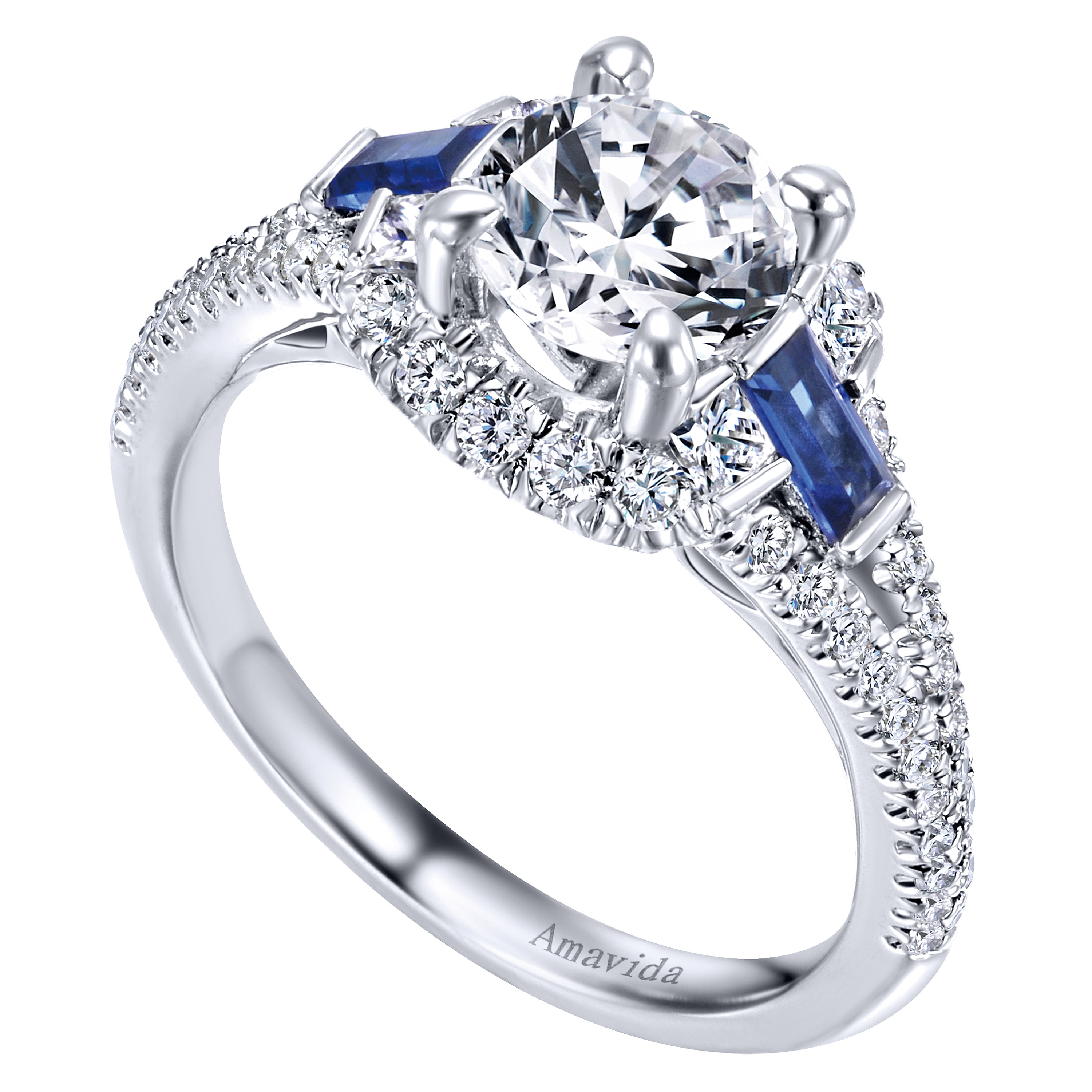 18k White Gold Diamond And Sapphire 3 Stones Halo Engagement Ring angle 3 18k White Gold Diamond And Sapphire 3 Stones Halo Engagement Ring angle 3