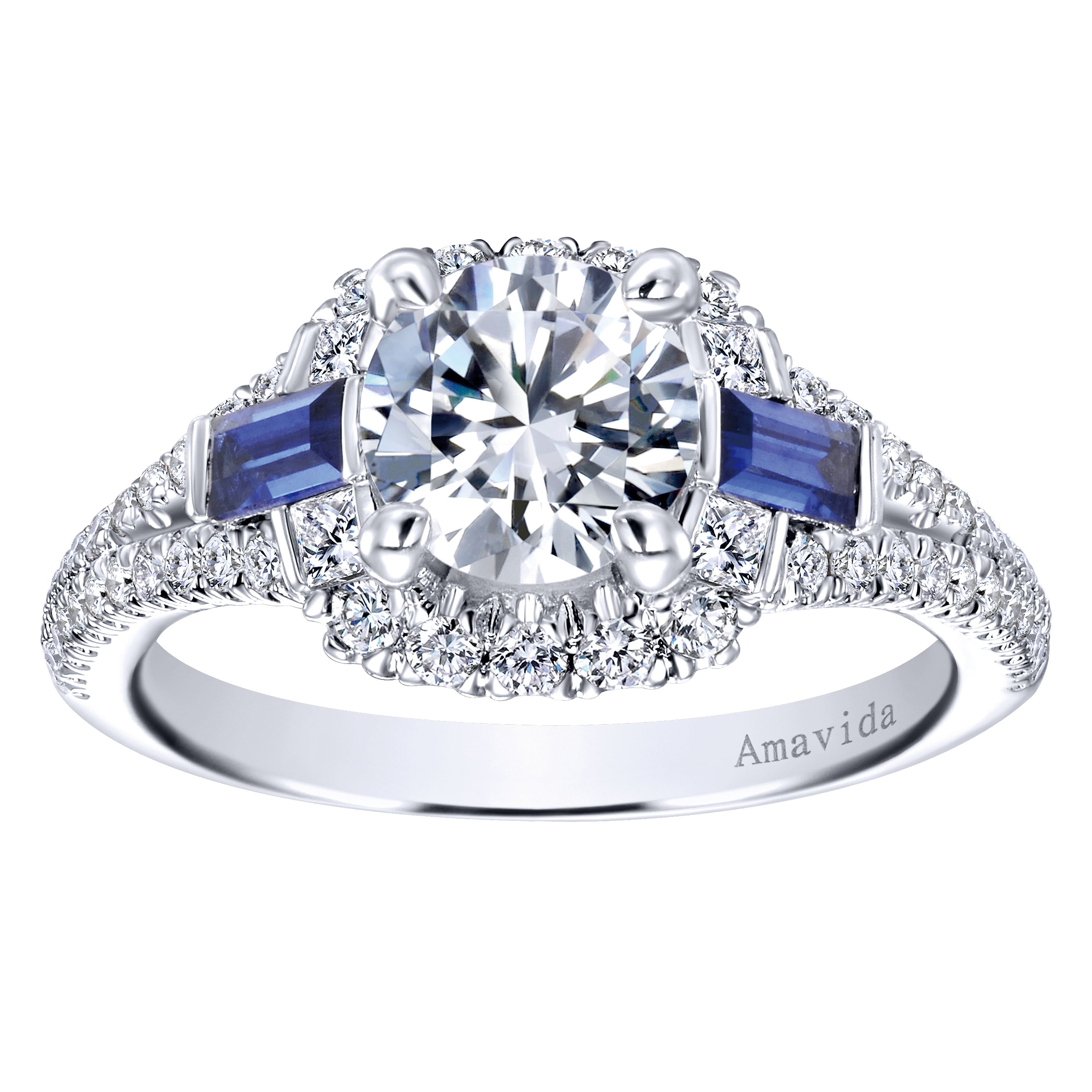 18k White Gold Diamond And Sapphire 3 Stones Halo Engagement Ring angle 5 18k White Gold Diamond And Sapphire 3 Stones Halo Engagement Ring angle 5