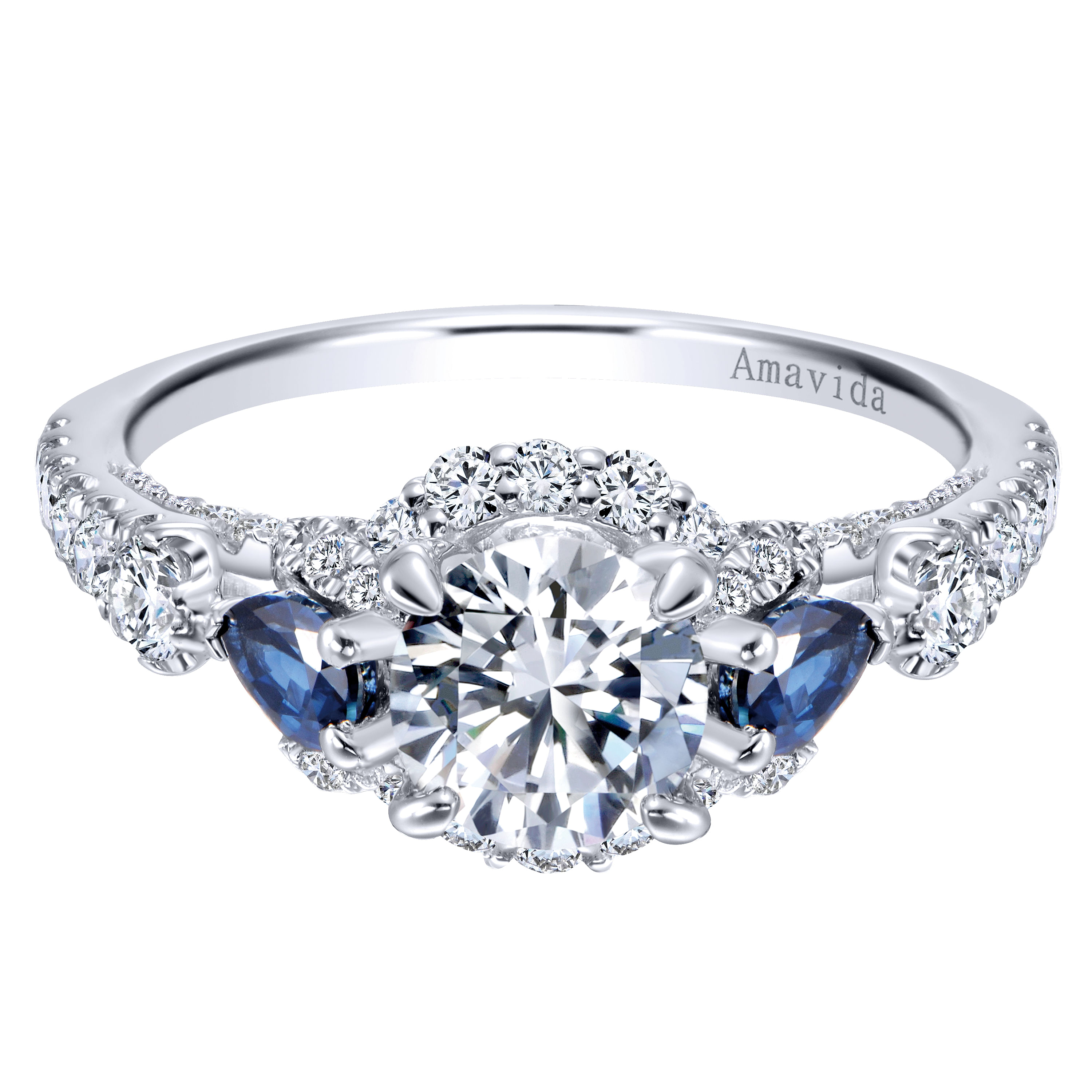 18k White Gold Diamond And Sapphire 3 Stones Halo 18k White Gold Diamond And Sapphire 3 Stones Halo