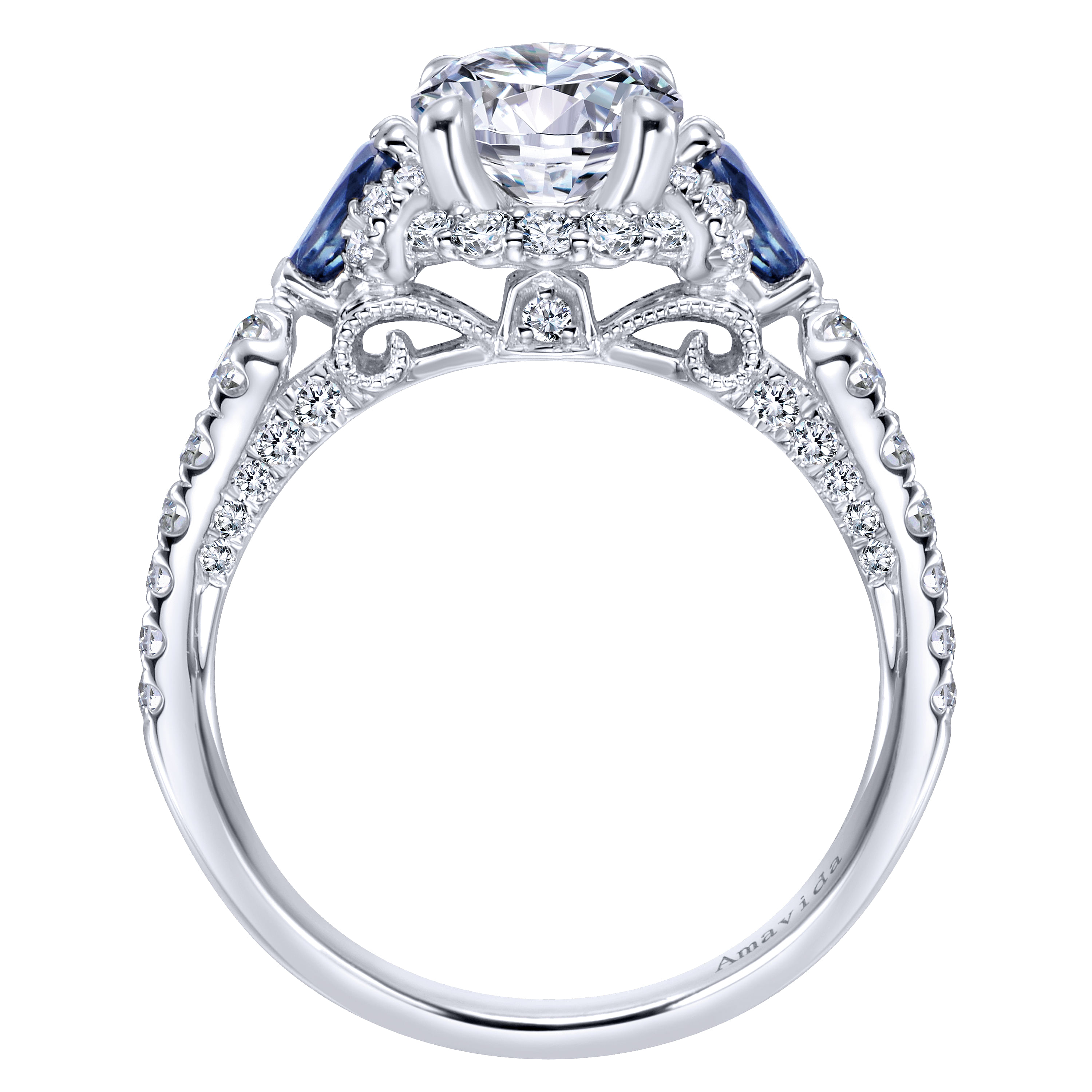18k White Gold Diamond And Sapphire 3 Stones Halo Engagement Ring angle 2 18k White Gold Diamond And Sapphire 3 Stones Halo Engagement Ring angle 2