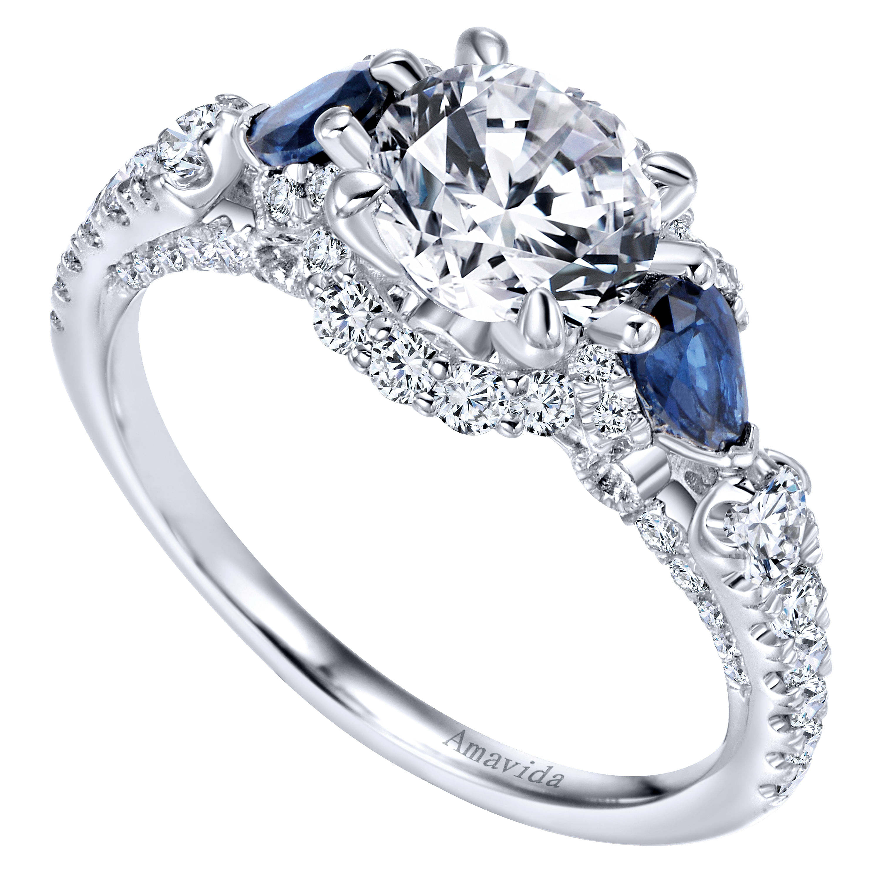18k White Gold Diamond And Sapphire 3 Stones Halo Engagement Ring angle 3 18k White Gold Diamond And Sapphire 3 Stones Halo Engagement Ring angle 3