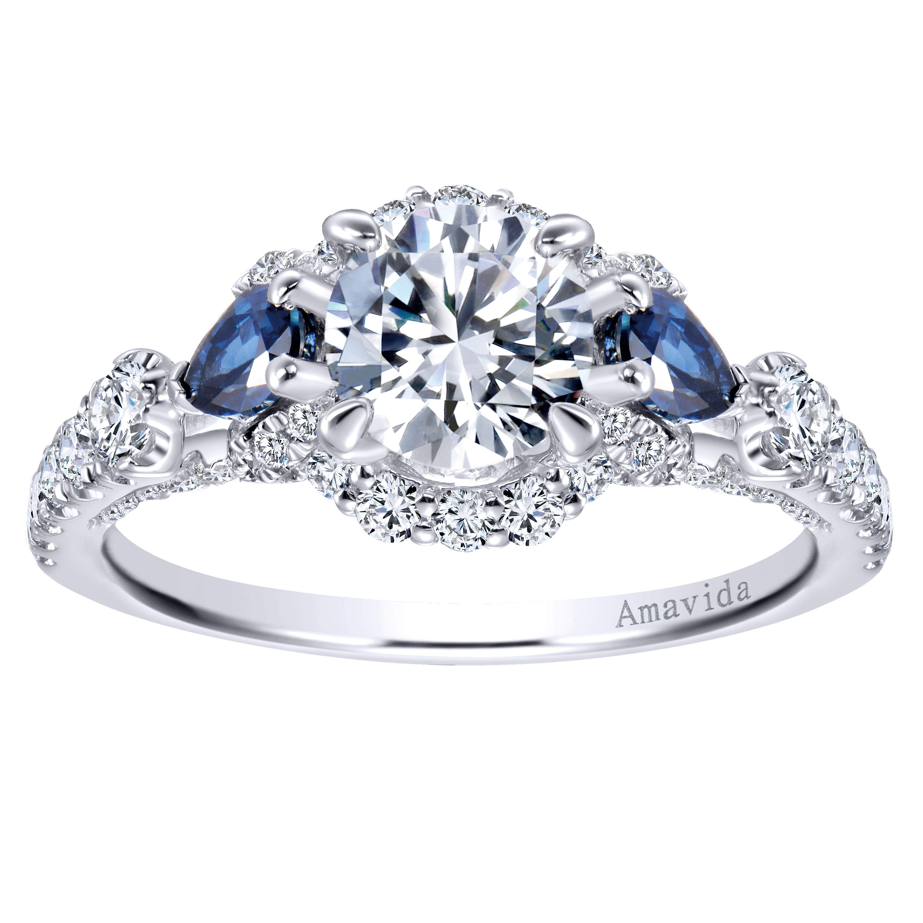 18k White Gold Diamond And Sapphire 3 Stones Halo Engagement Ring angle 5 18k White Gold Diamond And Sapphire 3 Stones Halo Engagement Ring angle 5