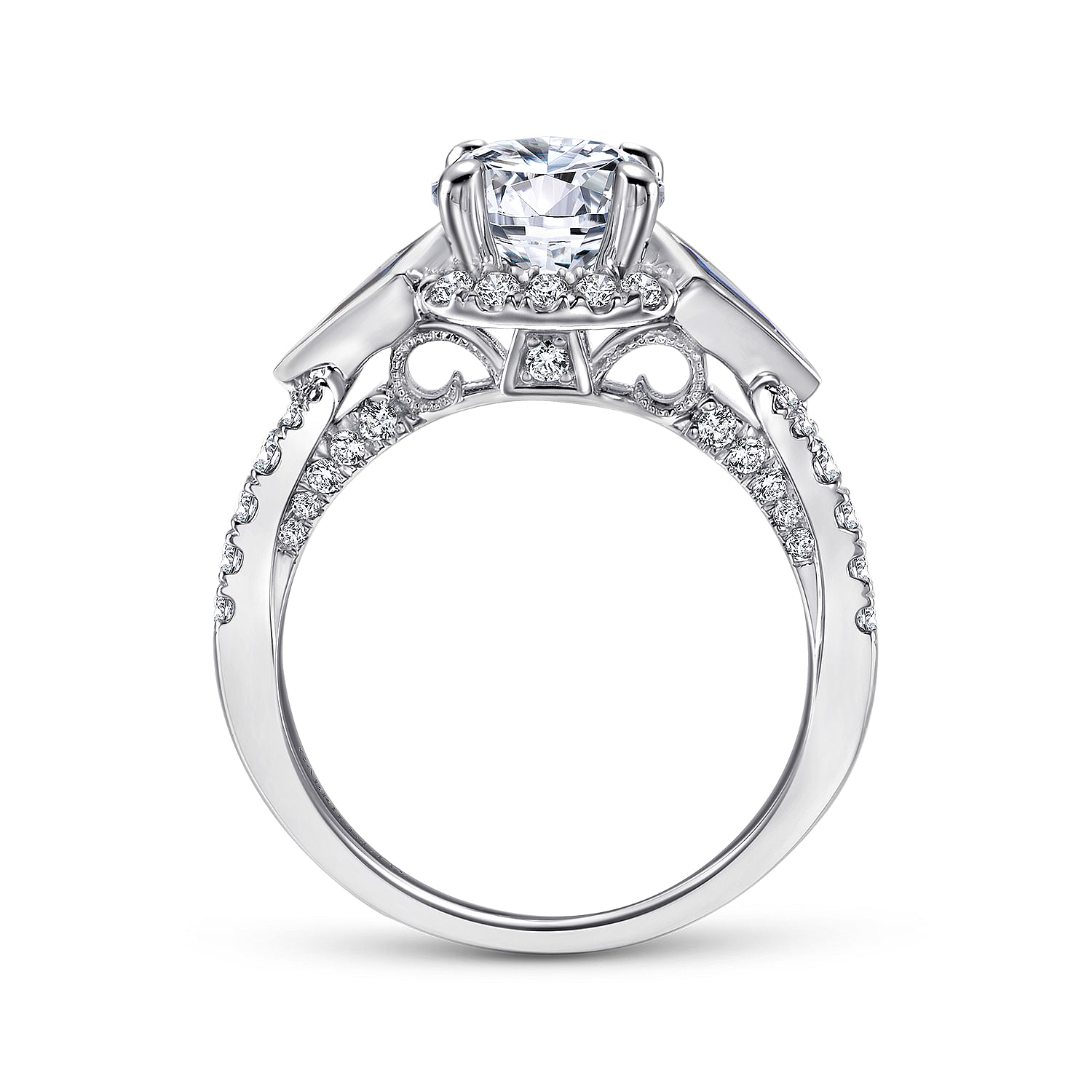 18k White Gold Diamond And Sapphire 3 Stones Halo Engagement Ring angle 2 18k White Gold Diamond And Sapphire 3 Stones Halo Engagement Ring angle 2