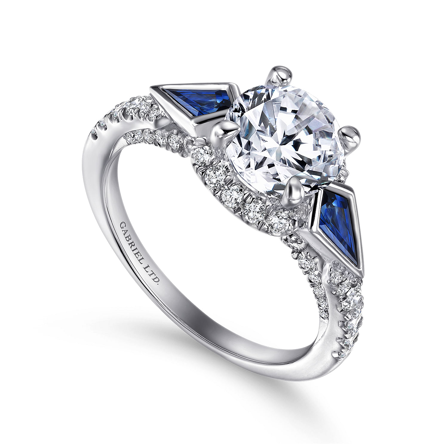 18k White Gold Diamond And Sapphire 3 Stones Halo Engagement Ring angle 3 18k White Gold Diamond And Sapphire 3 Stones Halo Engagement Ring angle 3