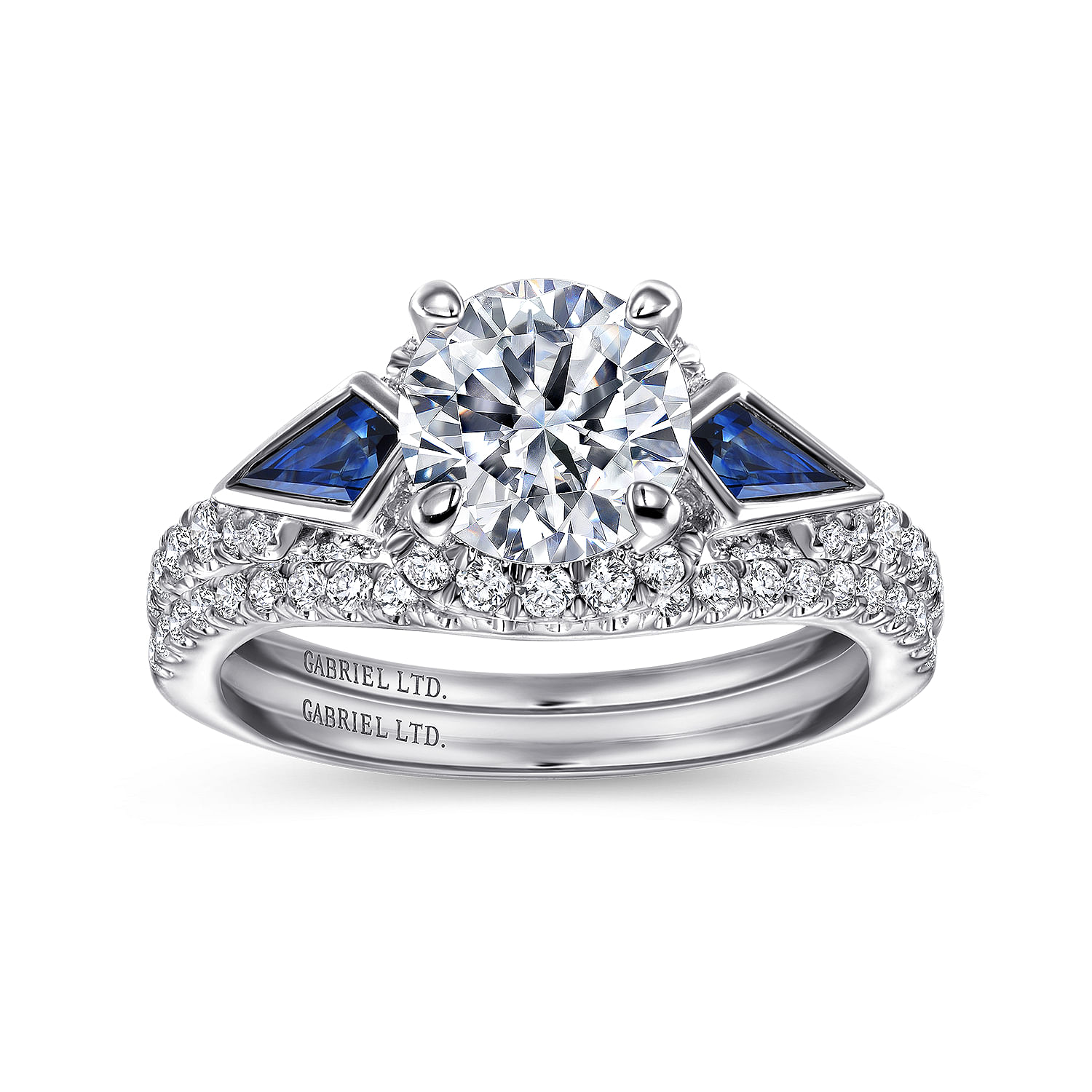 18k White Gold Diamond And Sapphire 3 Stones Halo Engagement Ring angle 4 18k White Gold Diamond And Sapphire 3 Stones Halo Engagement Ring angle 4