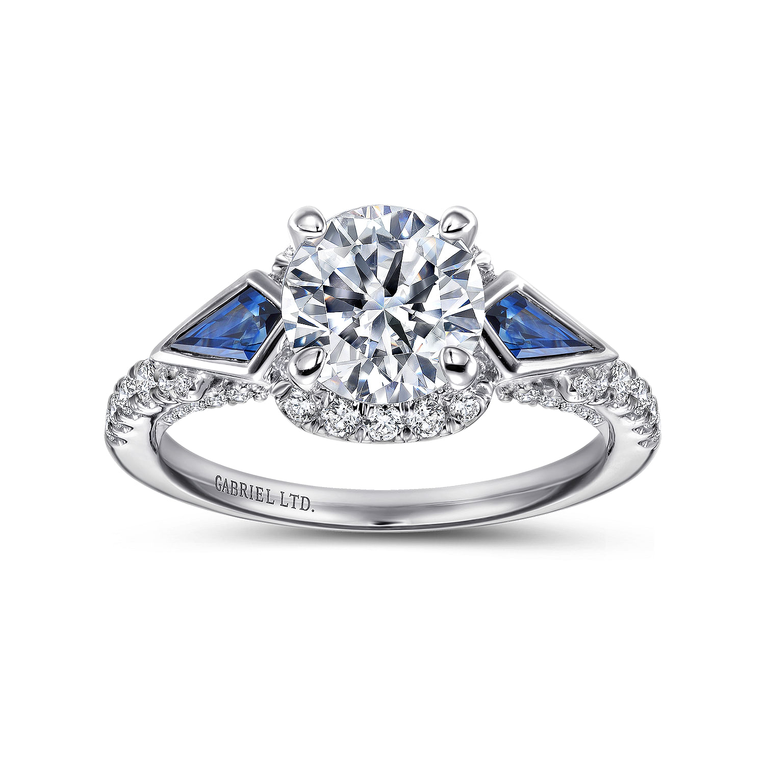 18k White Gold Diamond And Sapphire 3 Stones Halo Engagement Ring angle 5 18k White Gold Diamond And Sapphire 3 Stones Halo Engagement Ring angle 5