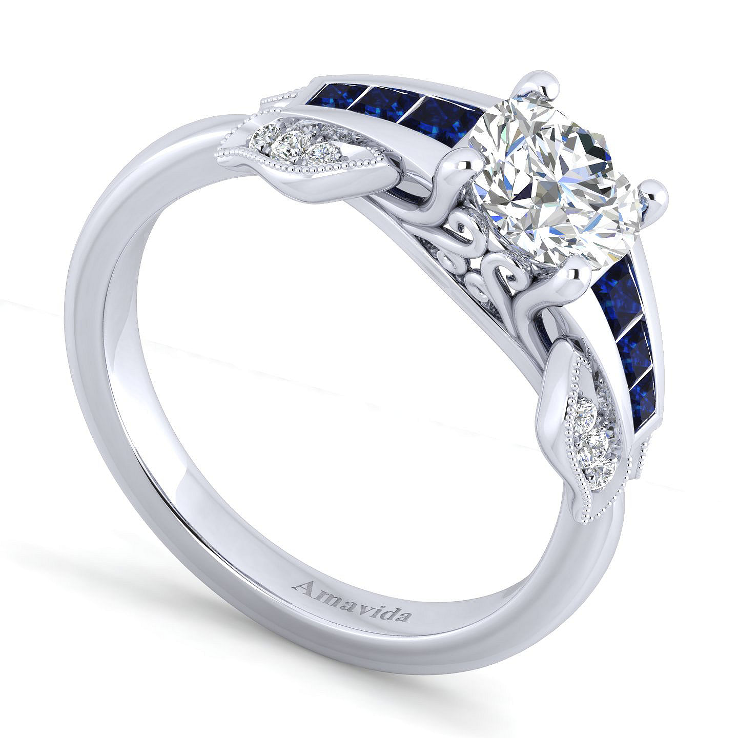 18k White Gold Diamond And Sapphire Free Form Engagement Ring angle 3 18k White Gold Diamond And Sapphire Free Form Engagement Ring angle 3