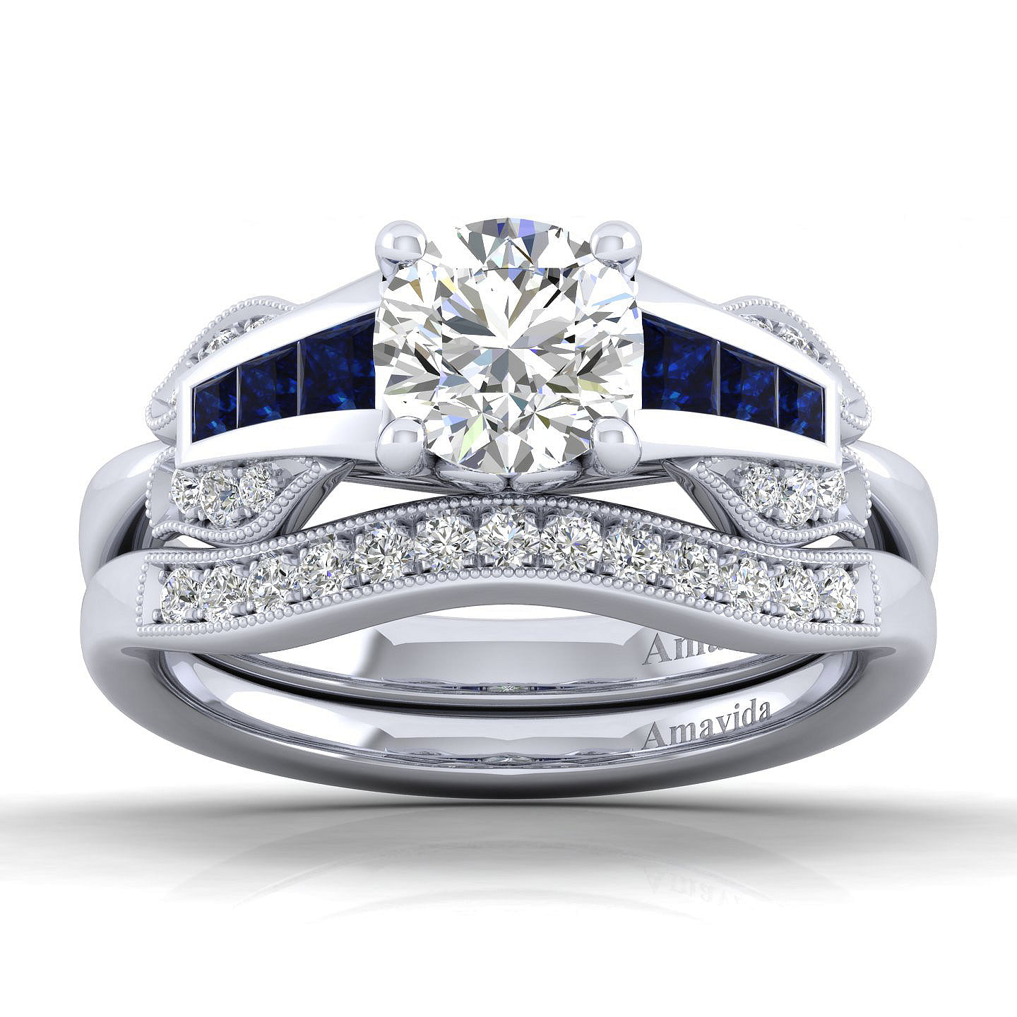 18k White Gold Diamond And Sapphire Free Form Engagement Ring angle 4 18k White Gold Diamond And Sapphire Free Form Engagement Ring angle 4
