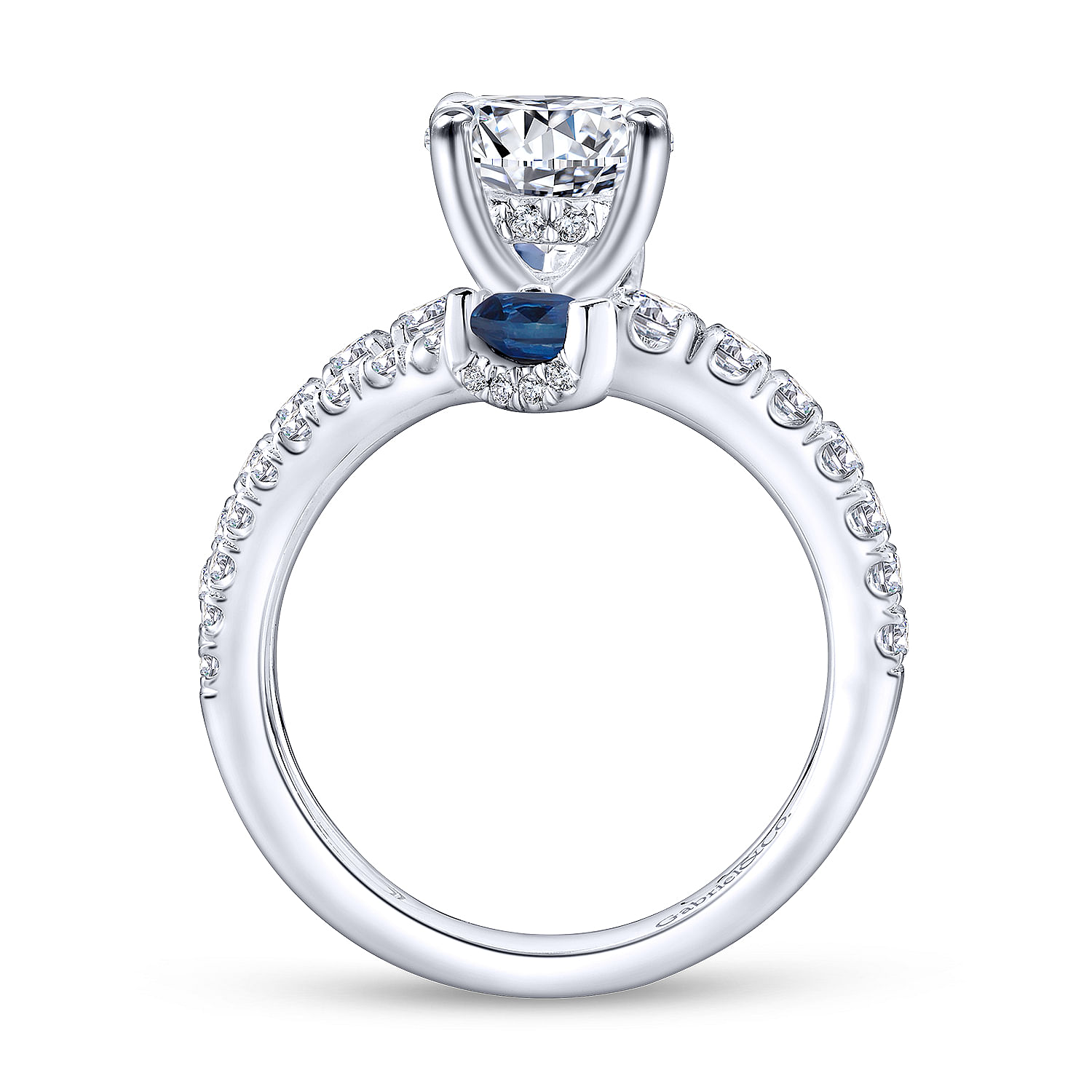 18k White Gold Diamond And Sapphire Split Shank Engagement Ring angle 2 18k White Gold Diamond And Sapphire Split Shank Engagement Ring angle 2