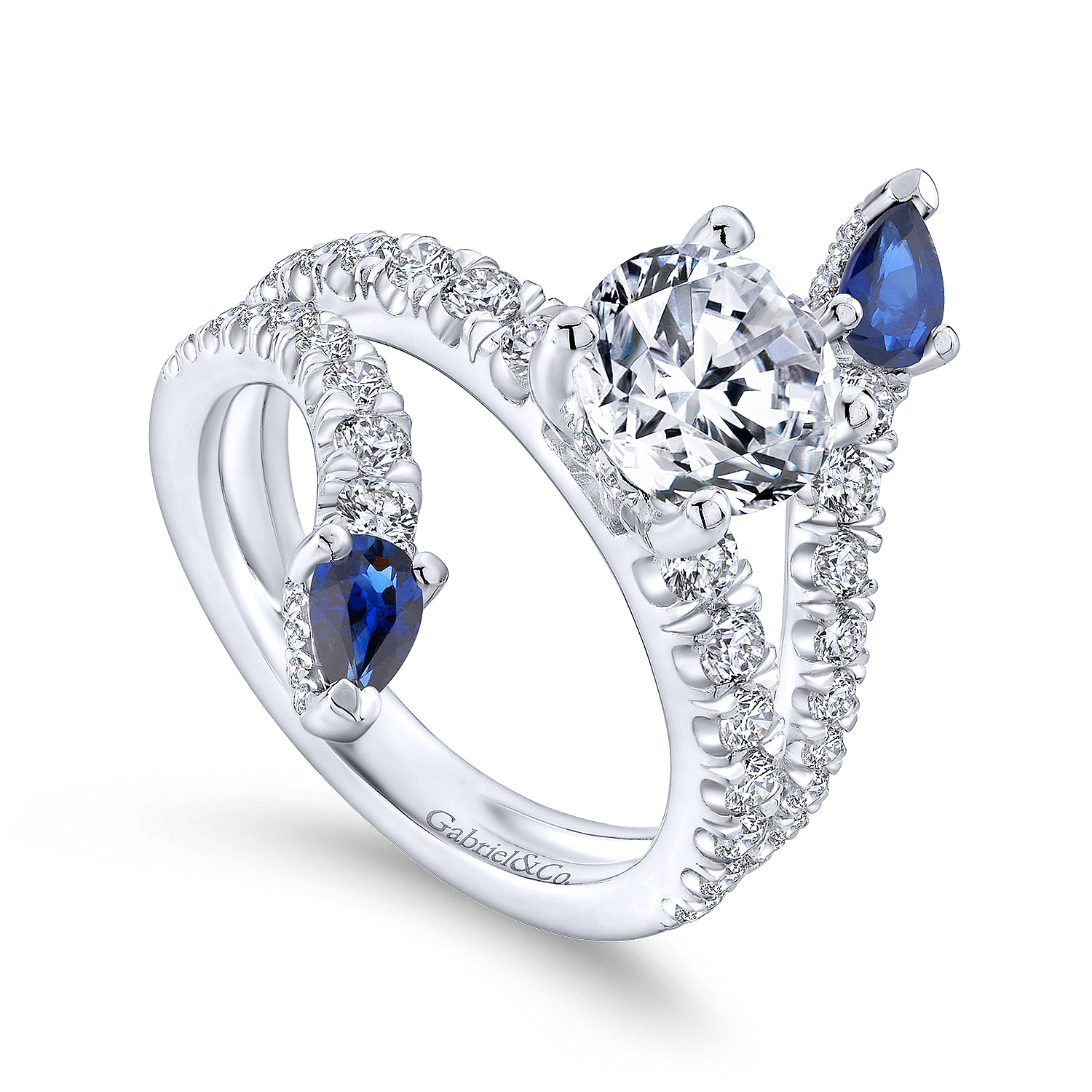 18k White Gold Diamond And Sapphire Split Shank Engagement Ring angle 3 18k White Gold Diamond And Sapphire Split Shank Engagement Ring angle 3
