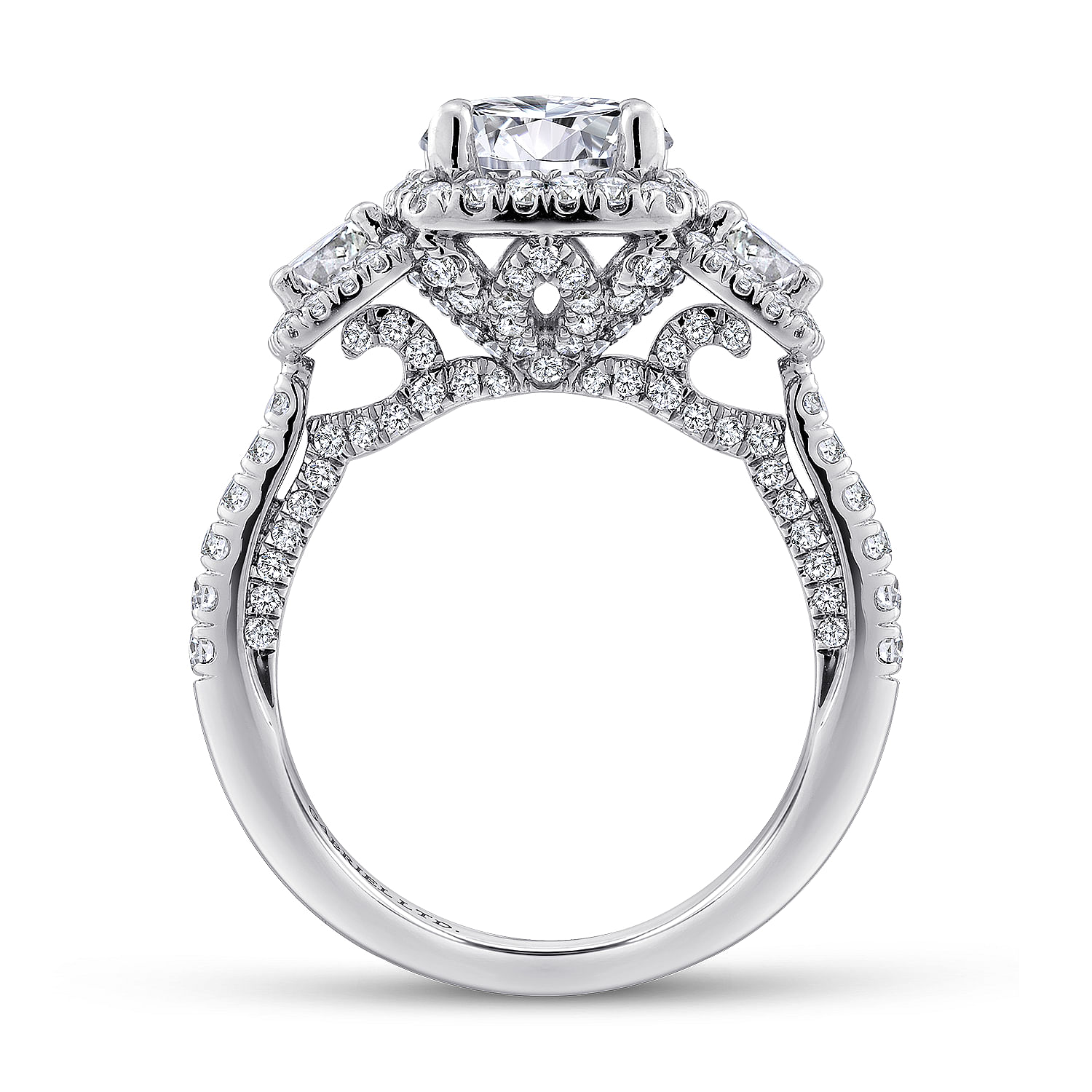 18k White Gold Diamond 3 Stones Halo Engagement Ring angle 2 18k White Gold Diamond 3 Stones Halo Engagement Ring angle 2