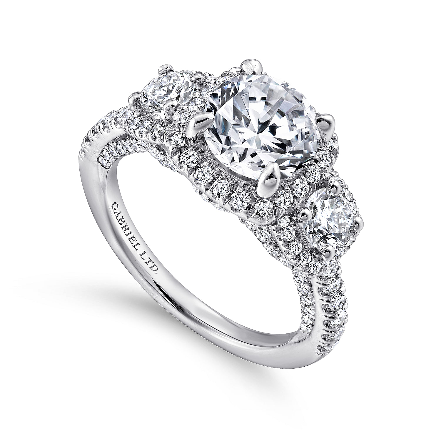 18k White Gold Diamond 3 Stones Halo Engagement Ring angle 3 18k White Gold Diamond 3 Stones Halo Engagement Ring angle 3