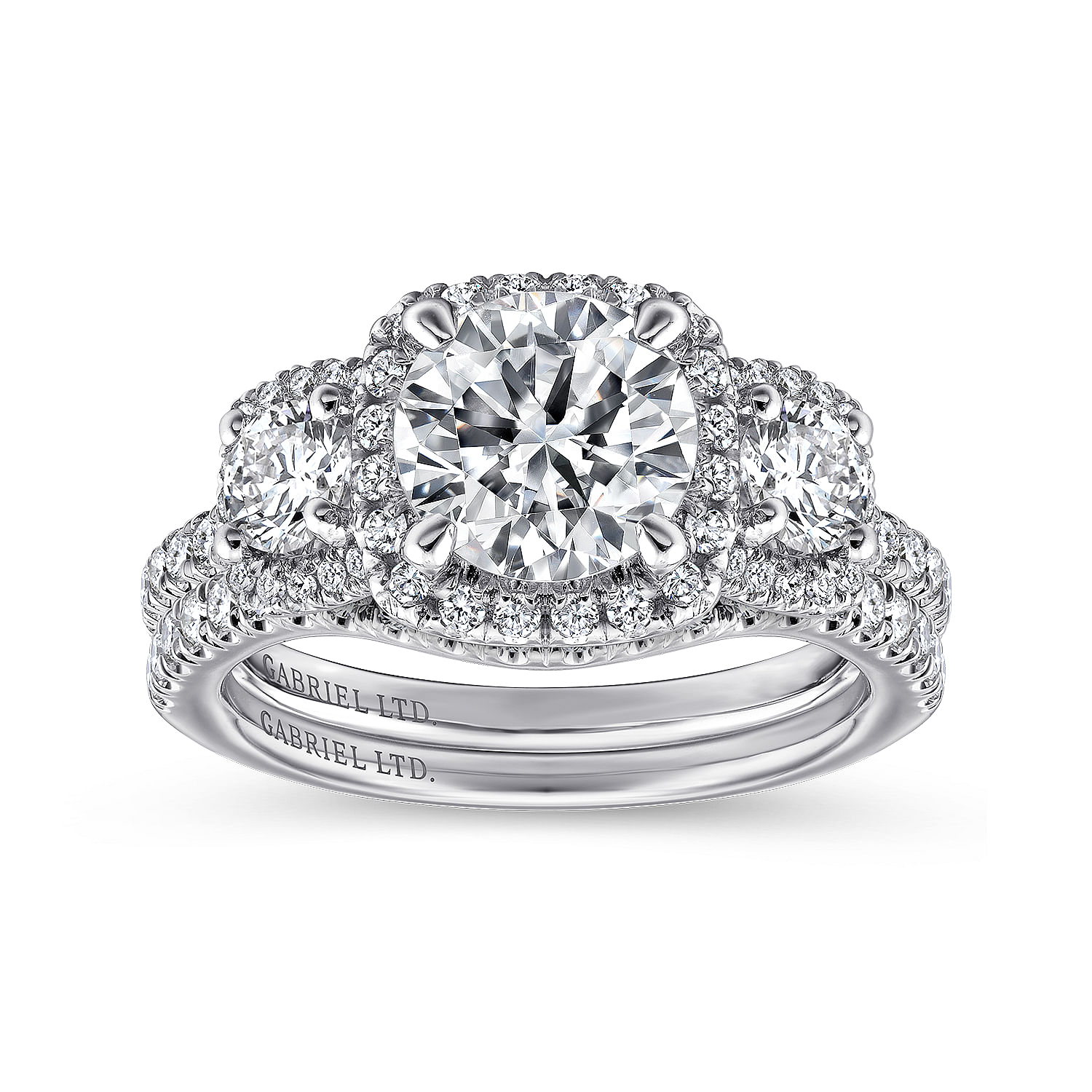 18k White Gold Diamond 3 Stones Halo Engagement Ring angle 4 18k White Gold Diamond 3 Stones Halo Engagement Ring angle 4
