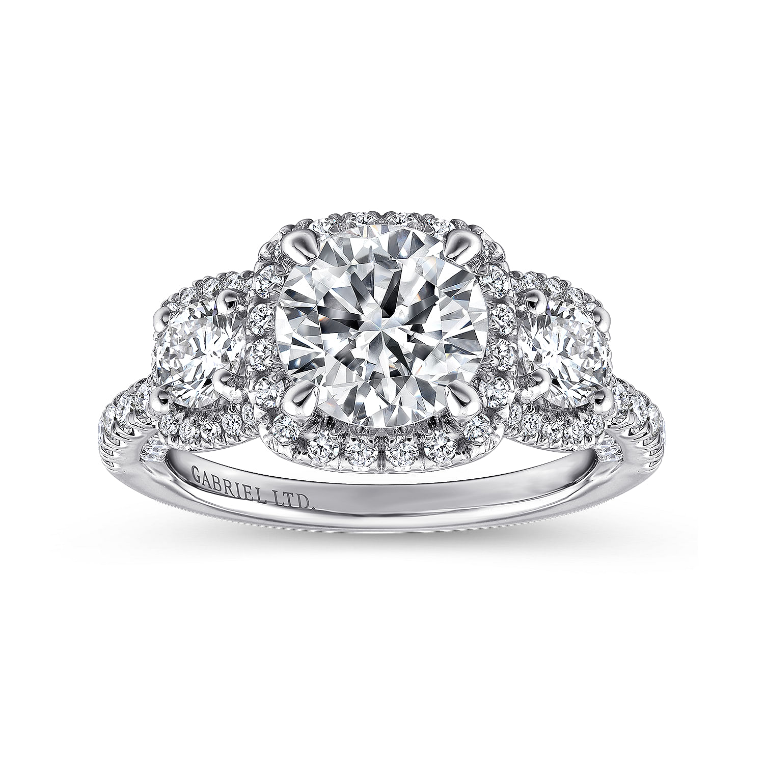 18k White Gold Diamond 3 Stones Halo Engagement Ring angle 5 18k White Gold Diamond 3 Stones Halo Engagement Ring angle 5