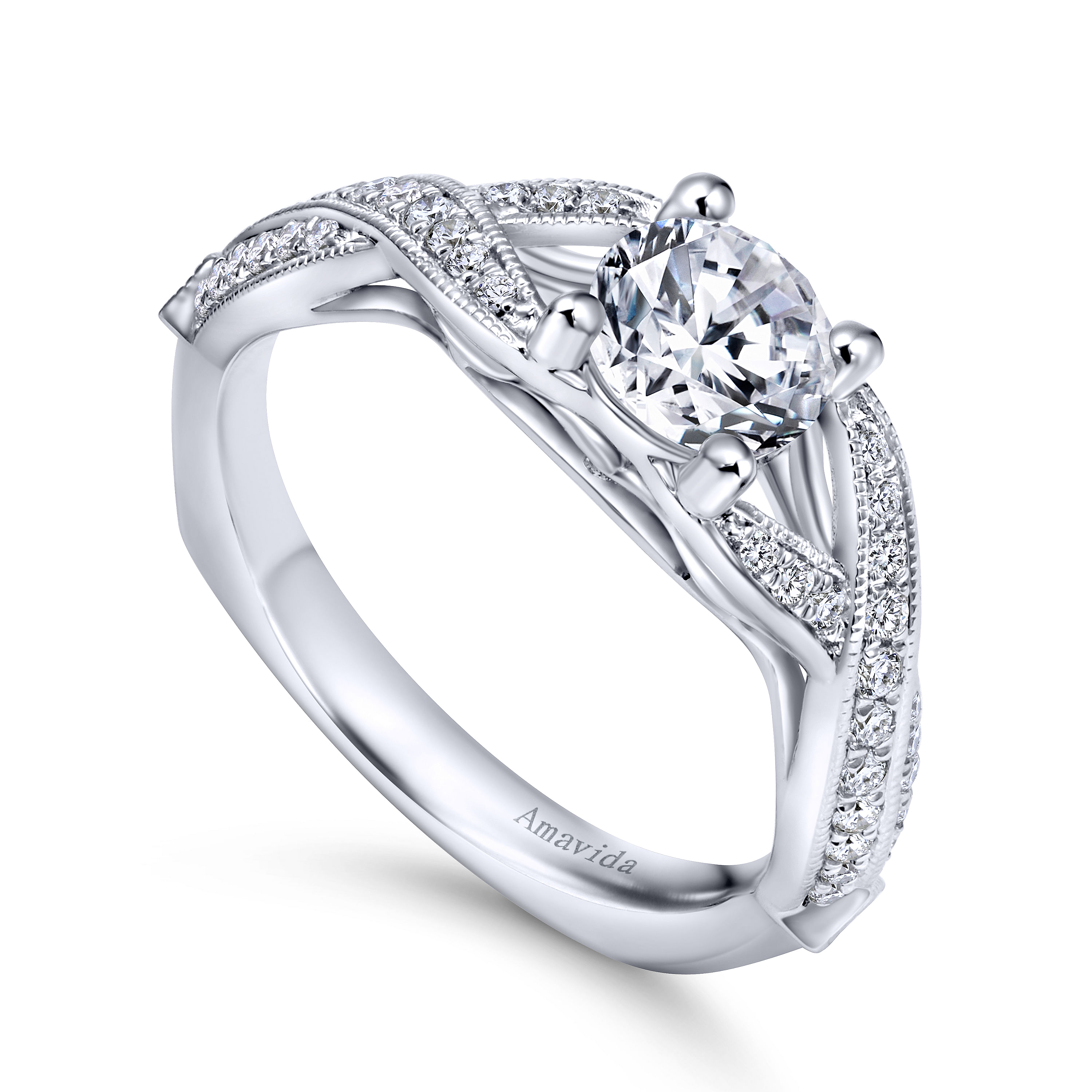 18k White Gold Diamond Criss Cross Engagement Ring angle 3 18k White Gold Diamond Criss Cross Engagement Ring angle 3