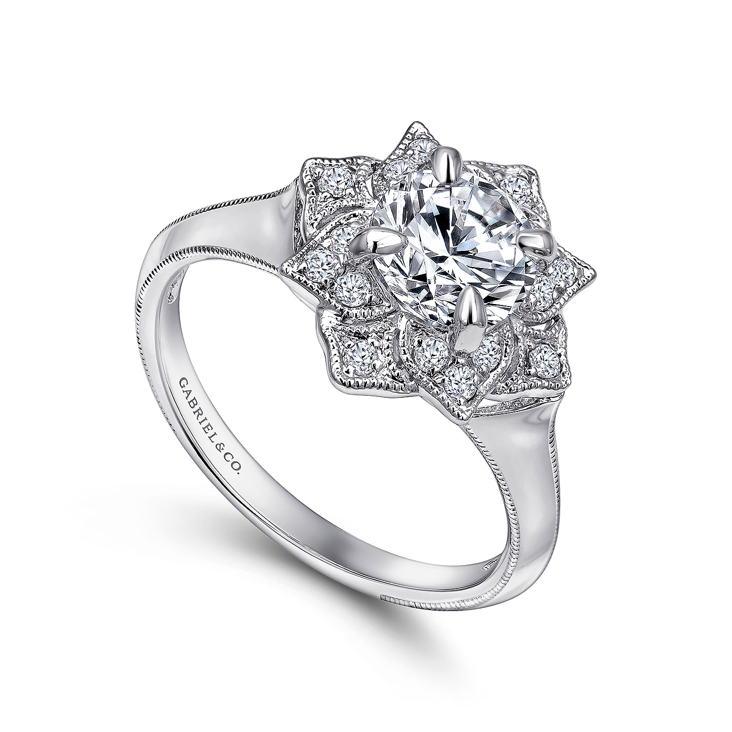 18k White Gold Diamond Halo Engagement Ring angle 3 18k White Gold Diamond Halo Engagement Ring angle 3