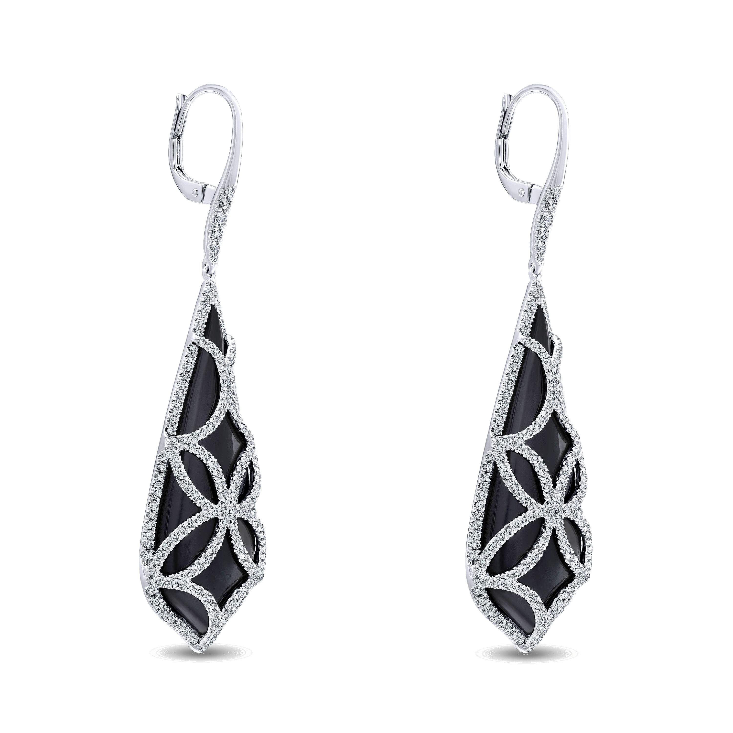 18k White Gold Diamond Overlay Black Onyx Drop Earrings angle 2 18k White Gold Diamond Overlay Black Onyx Drop Earrings angle 2