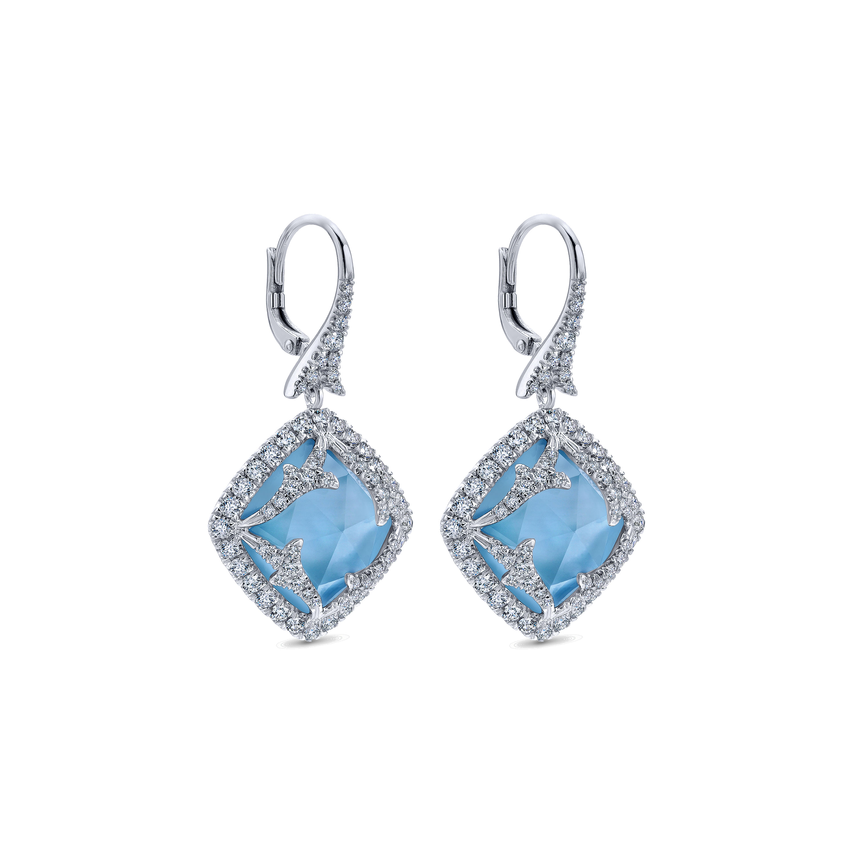 18k White Gold Diamond Rock Crystal&white Mother Pearl&turquoise Drop Earrings angle 2 18k White Gold Diamond Rock Crystal&white Mother Pearl&turquoise Drop Earrings angle 2
