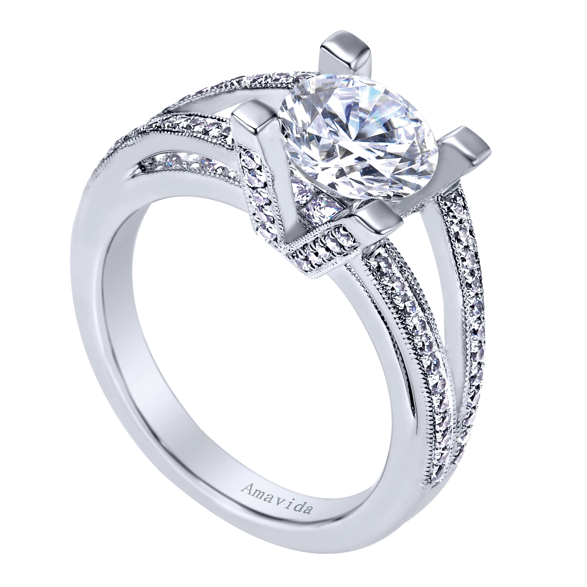 18k White Gold Diamond Split Shank Engagement Ring angle 3 18k White Gold Diamond Split Shank Engagement Ring angle 3