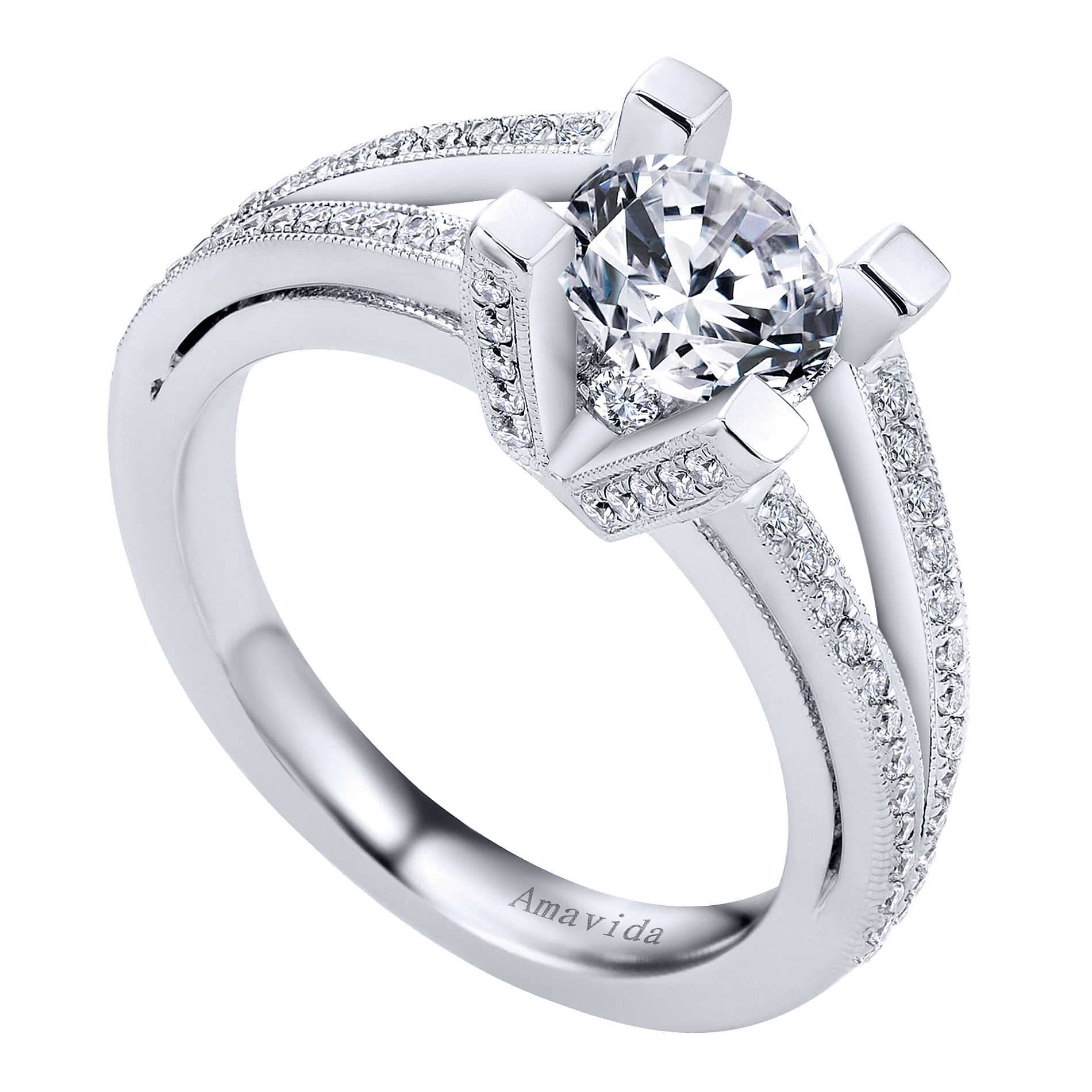 18k White Gold Diamond Split Shank Engagement Ring angle 3 18k White Gold Diamond Split Shank Engagement Ring angle 3