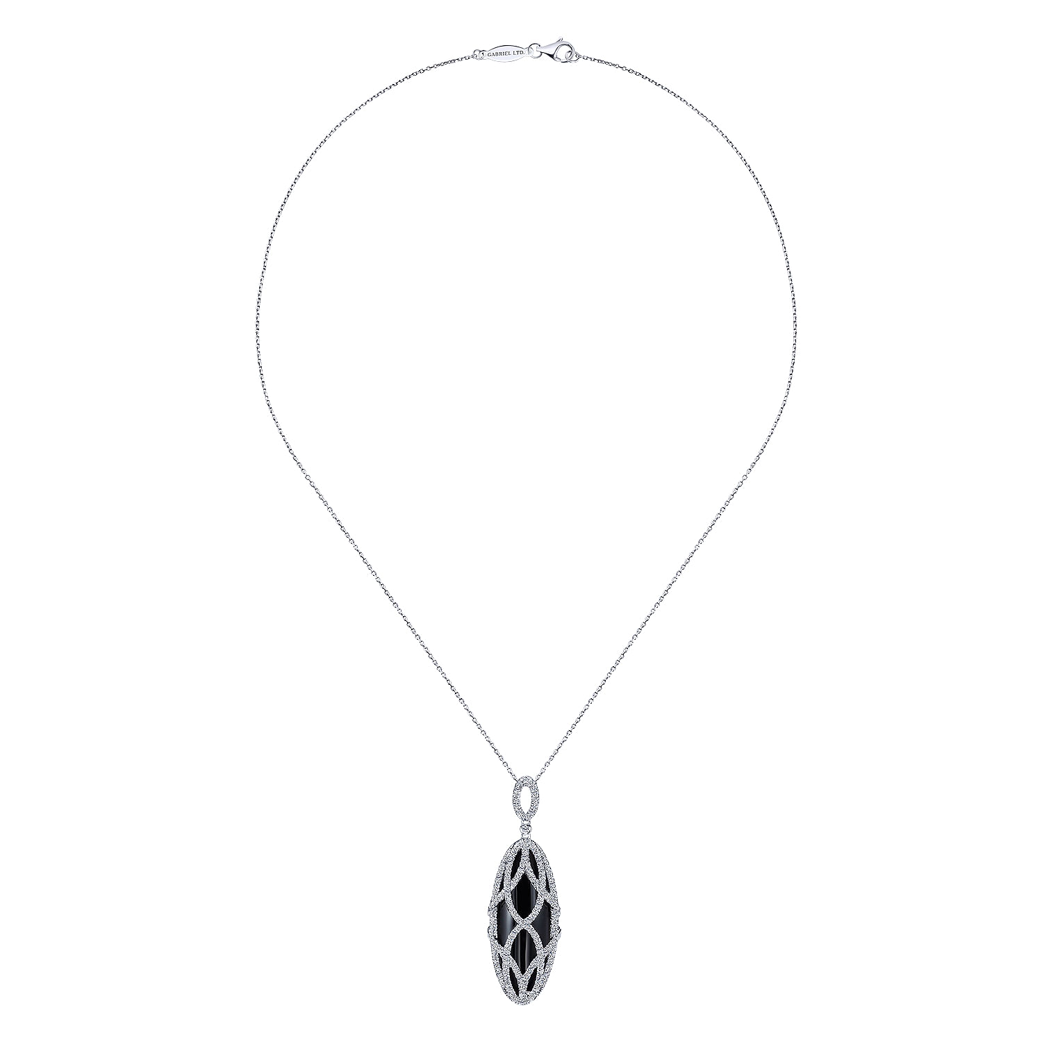 18k White Gold Pave Diamond Overlay Black Onyx Oval Fashion Necklace angle 2 18k White Gold Pave Diamond Overlay Black Onyx Oval Fashion Necklace angle 2