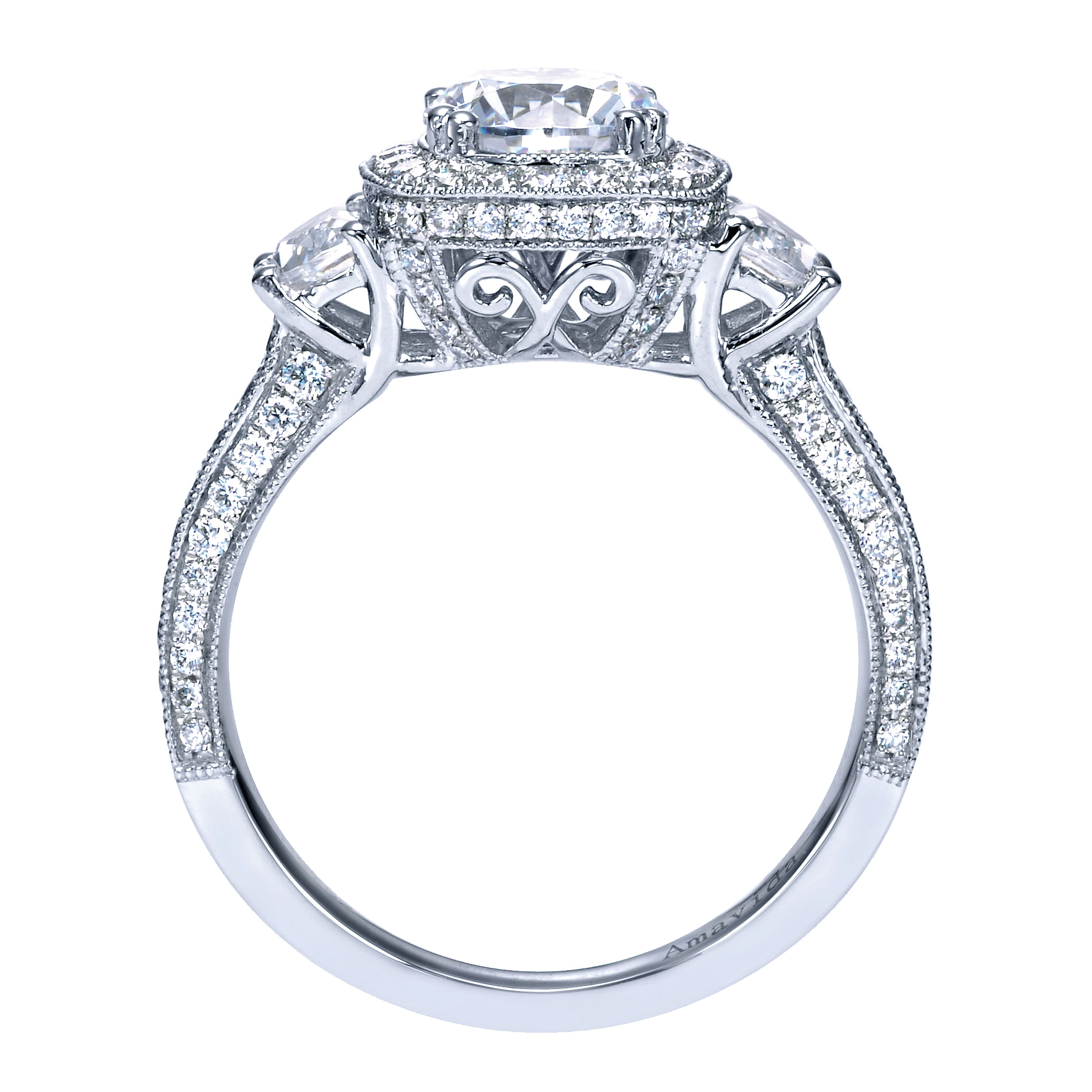 18k White Gold Round 3 Stones Halo Engagement Ring angle 2 18k White Gold Round 3 Stones Halo Engagement Ring angle 2