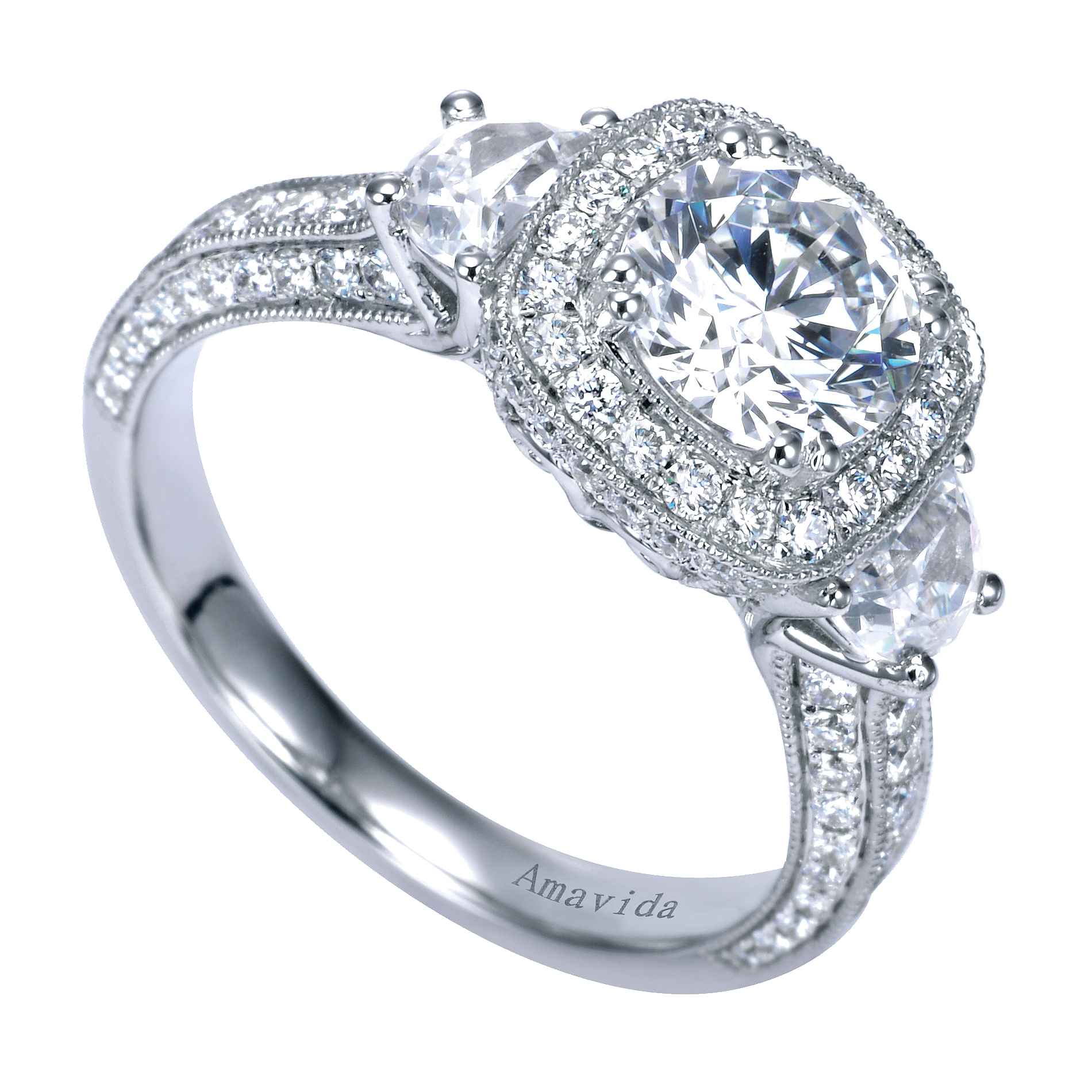18k White Gold Round 3 Stones Halo Engagement Ring angle 3 18k White Gold Round 3 Stones Halo Engagement Ring angle 3