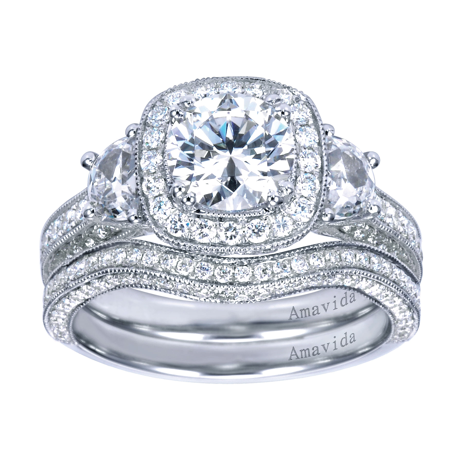 18k White Gold Round 3 Stones Halo Engagement Ring angle 4 18k White Gold Round 3 Stones Halo Engagement Ring angle 4