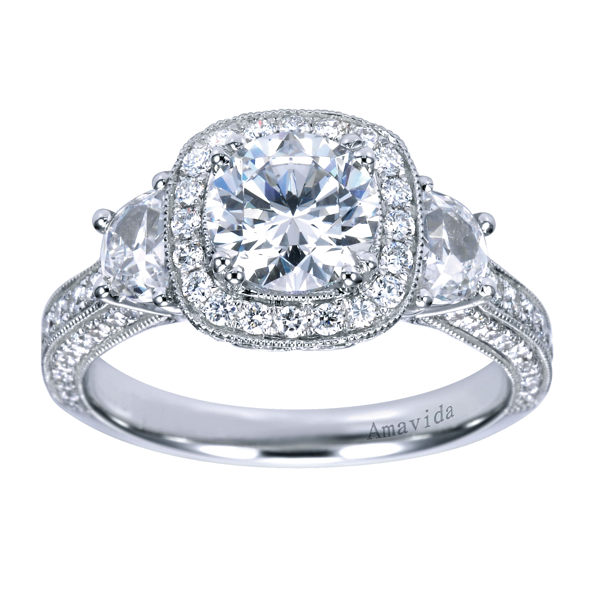 18k White Gold Round 3 Stones Halo Engagement Ring angle 5 18k White Gold Round 3 Stones Halo Engagement Ring angle 5