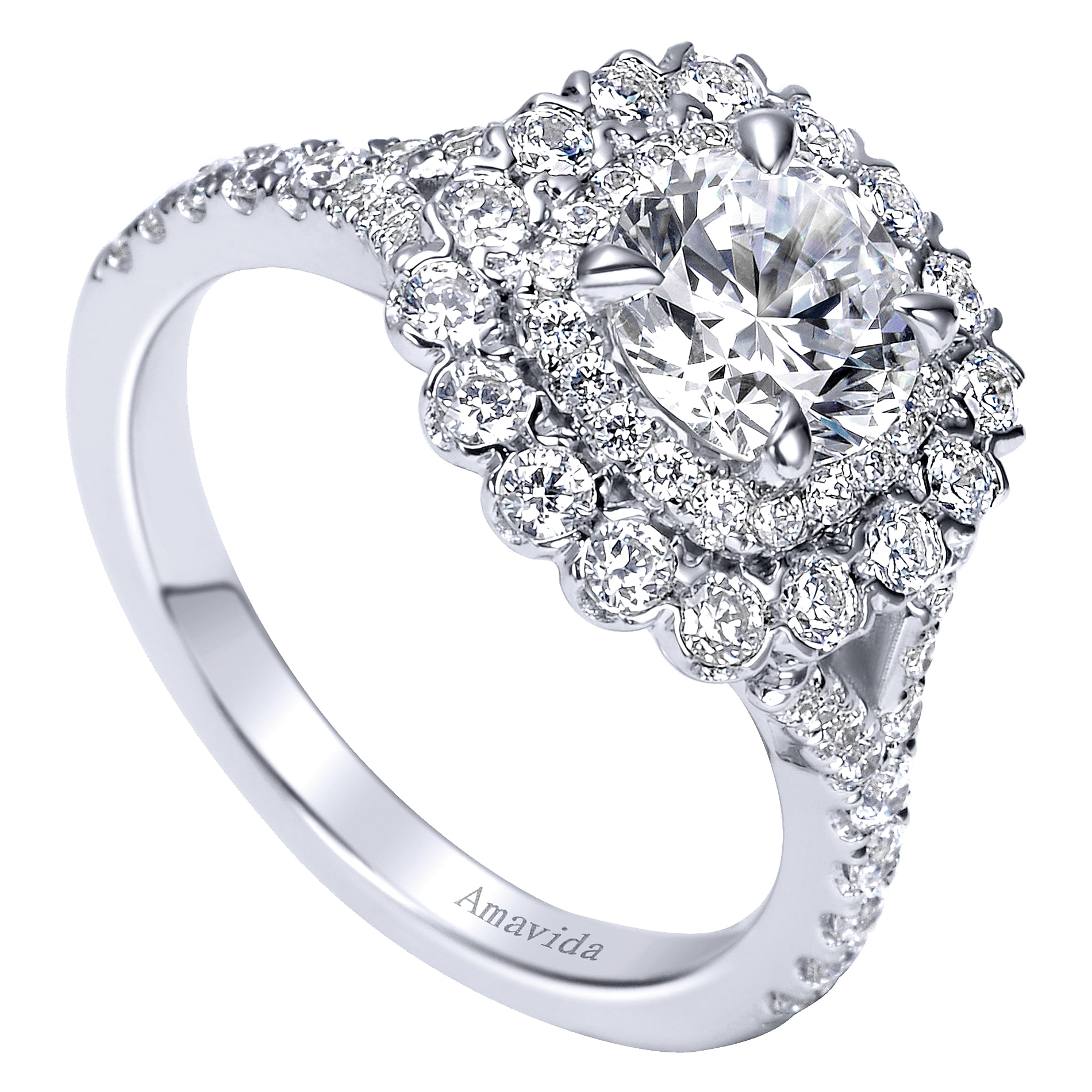 18k White Gold Round Double Halo Engagement Ring angle 3 18k White Gold Round Double Halo Engagement Ring angle 3